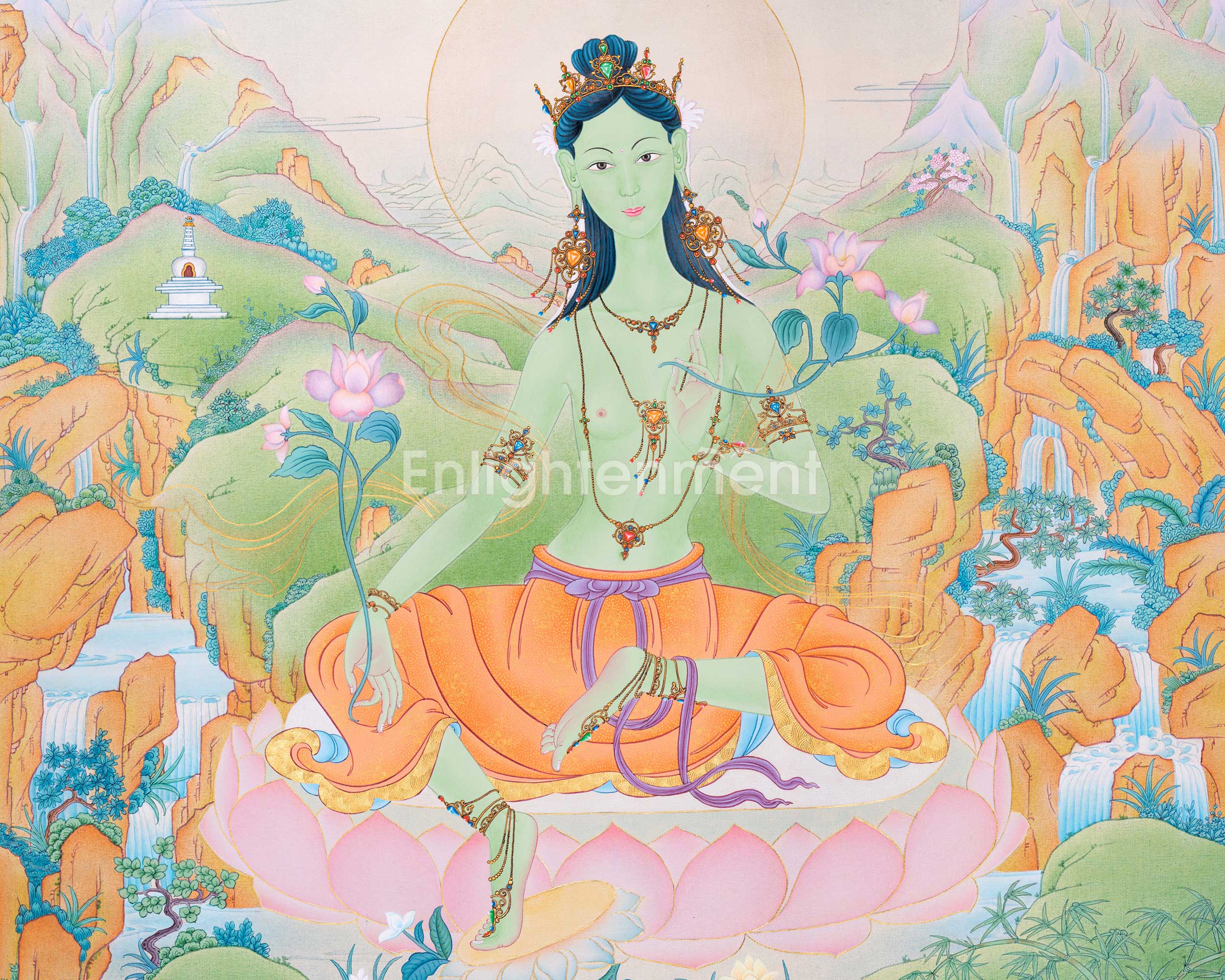Green Tara Goddess Thangka | Hand-Painted Mother Tara Thangka For Mindfulness