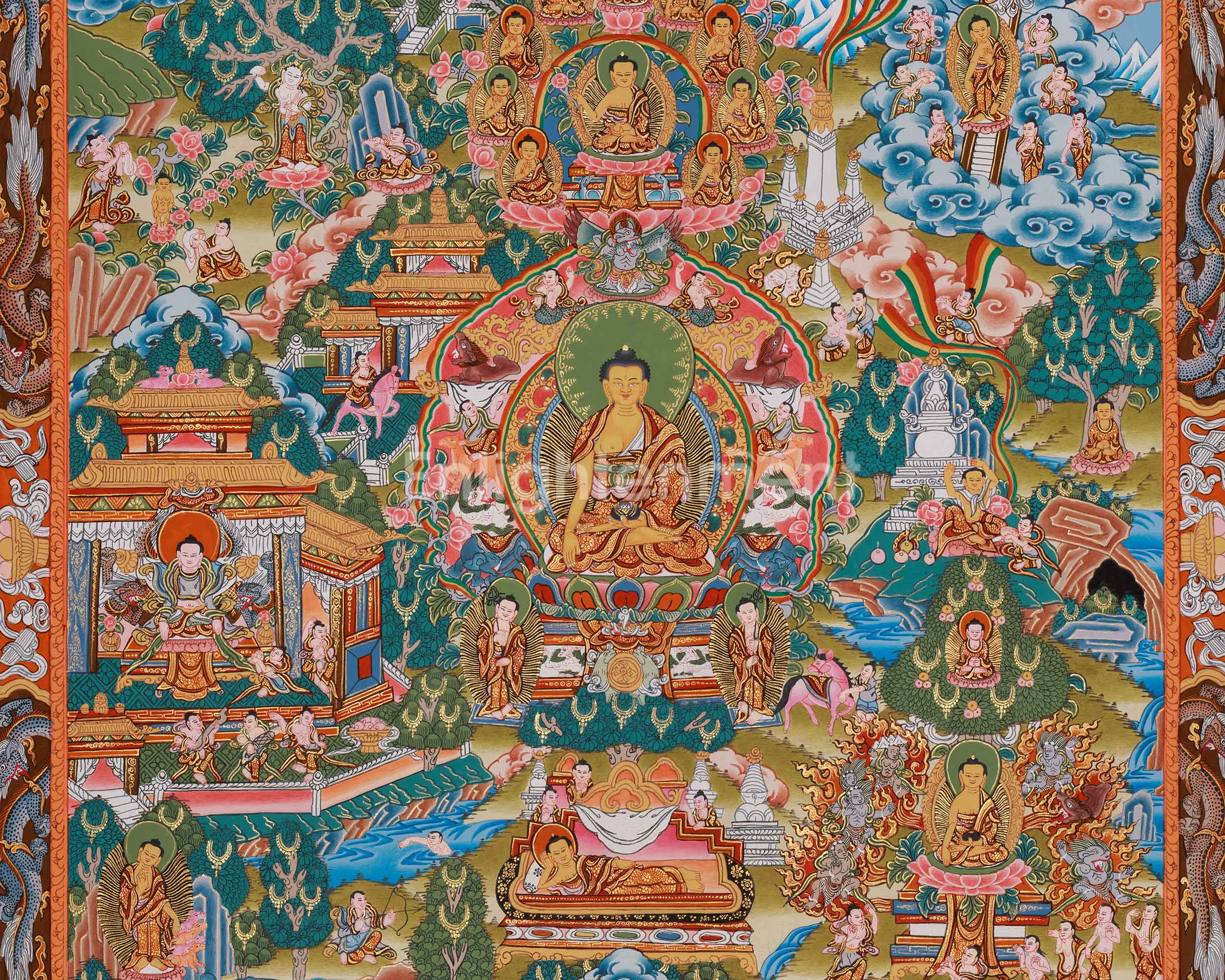 22 Inch Life Story of Buddha Thangka | Shakyamuni’s Enlightenment & Teachings