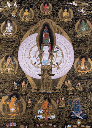 1000 Armed Chenrezig With Guru Rinpoche And Others | Tibetan Thangka Painting
