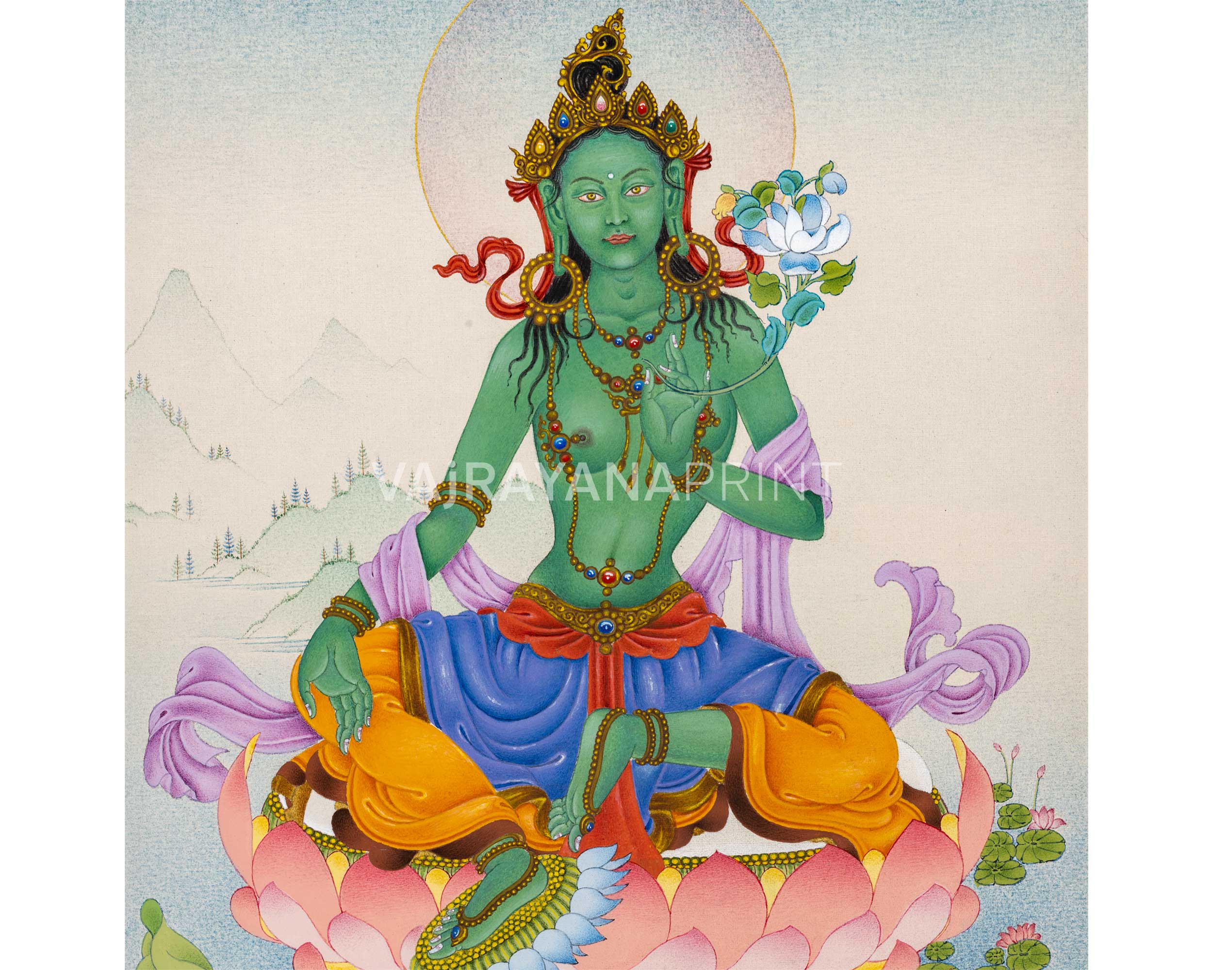 Magnificent Tara Duo: White Tara and Green Tara Thangka Prints