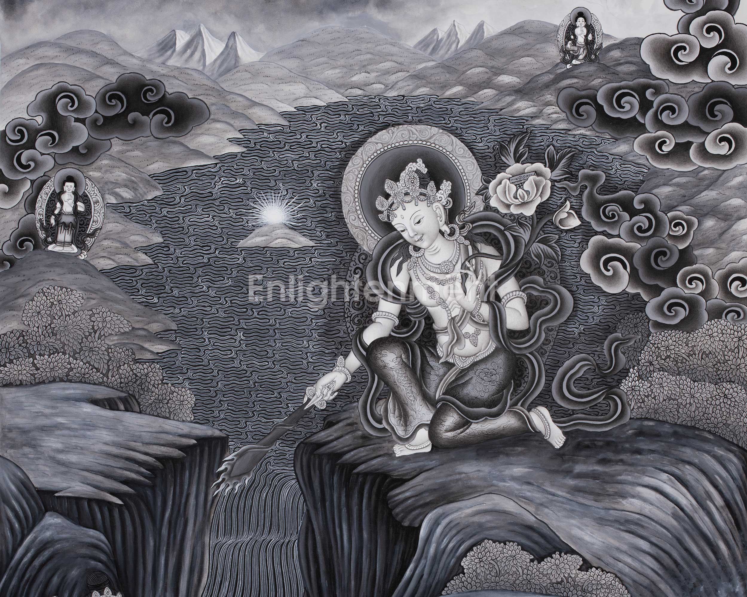 Boddhisattva Manjushree Thangka Creating Kathmandu Valley With The Self Born Light Swayambhu | Newari Style Black And White Wall Deco Art