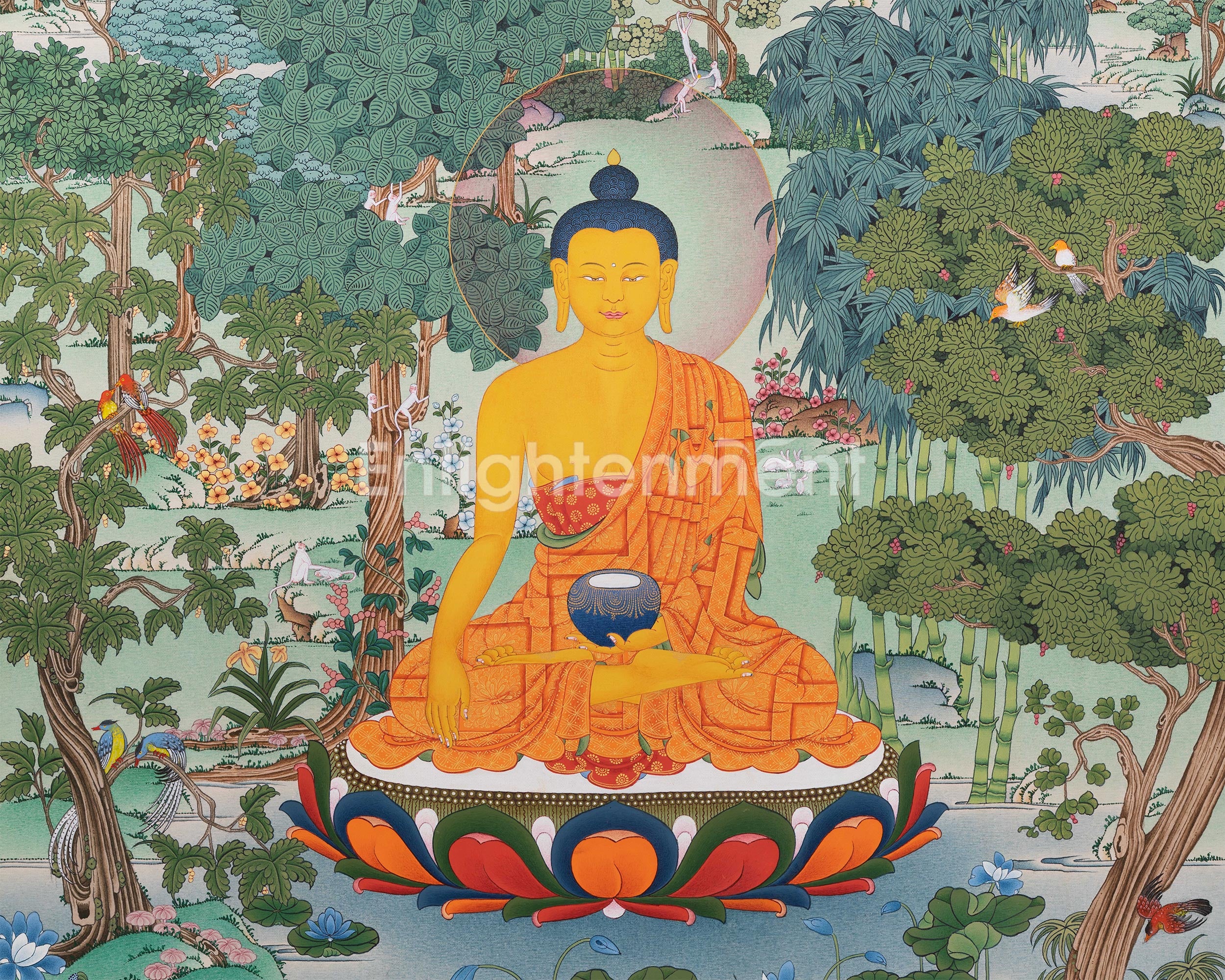 Rare Tibetan Buddha Shakyamuni Thangka Surrounded by Nature | A Vision of Enlightenment