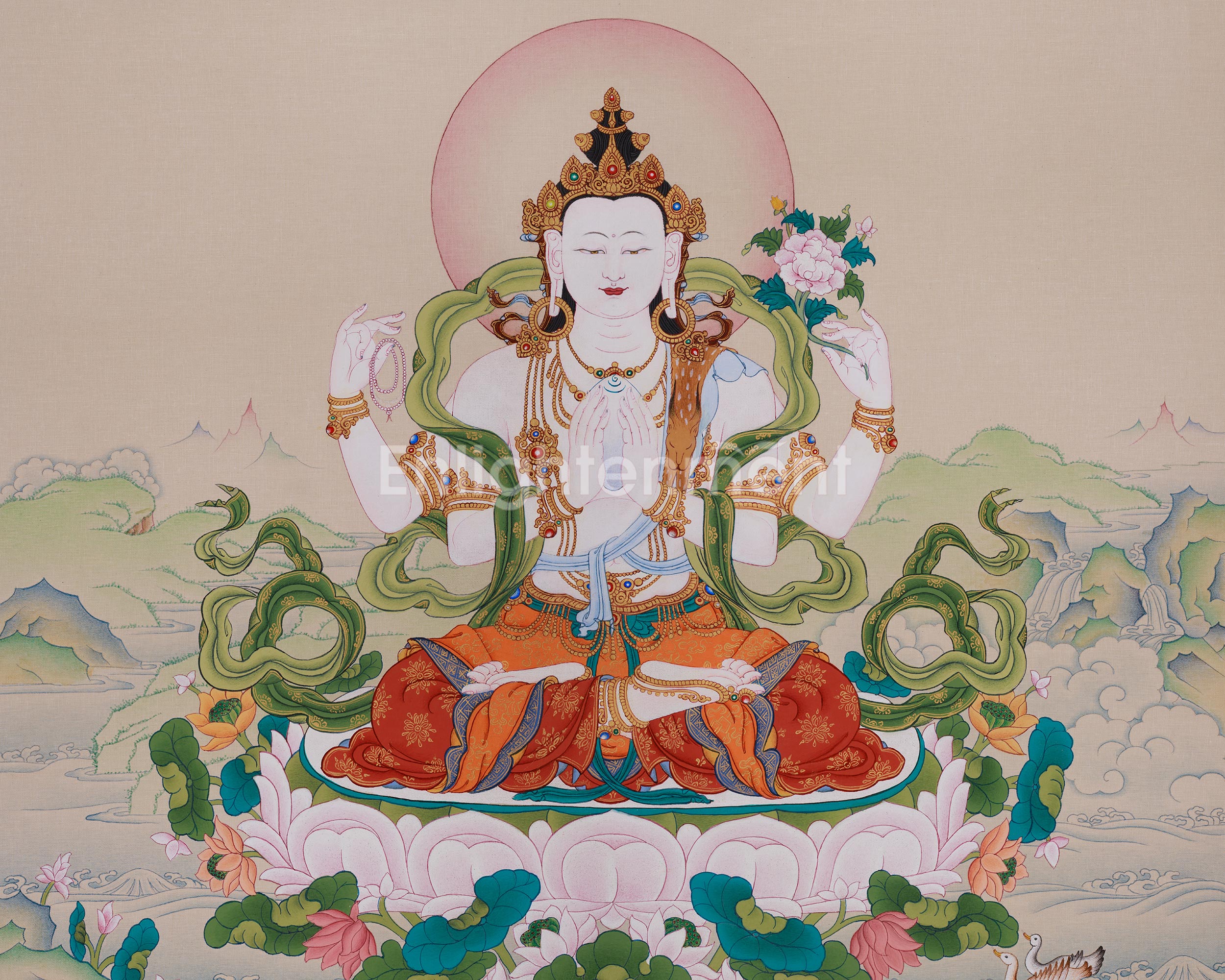 Sacred Thangka Of Four-Armed Chenrezig | Avalokiteshvara Art | Meditation Altar