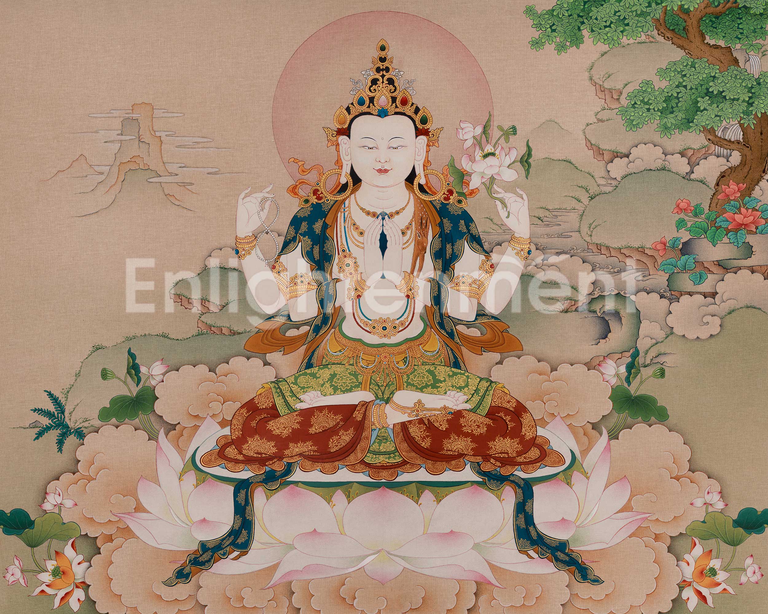 Bodhisattva Four-Armed Chenrezig Art | Avalokiteshvara Thangka | Home Decor