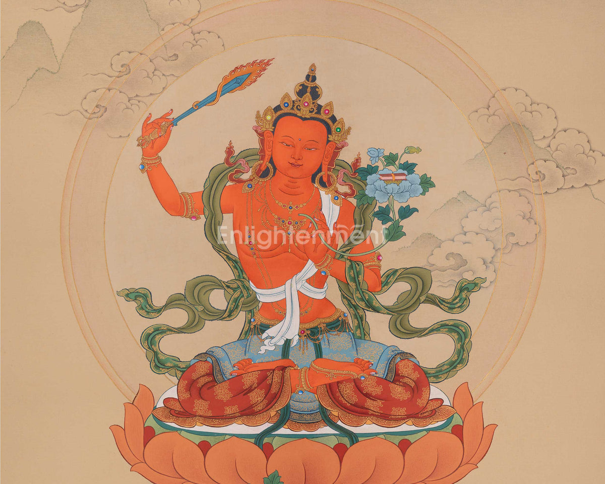 Divine Manjushri Thangka | Buddhist Art of Wisdom and Enlightened Knowledge