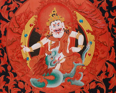 Large White Dzambhala Thangka on Black Canvas | Abundance and Spiritual Protection