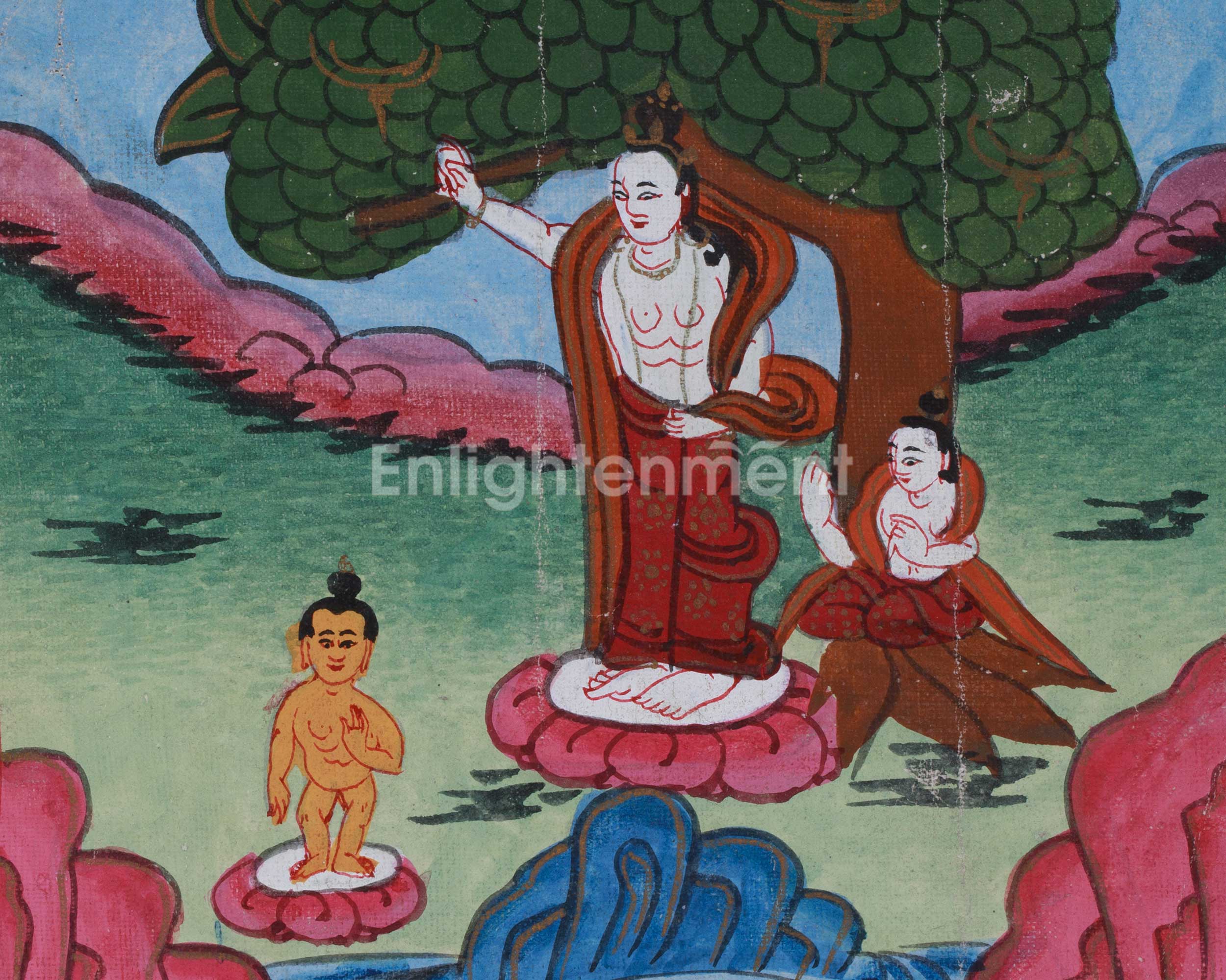 Vintage Thangka of Queen Maya Devi Giving Birth | Thangka Painting