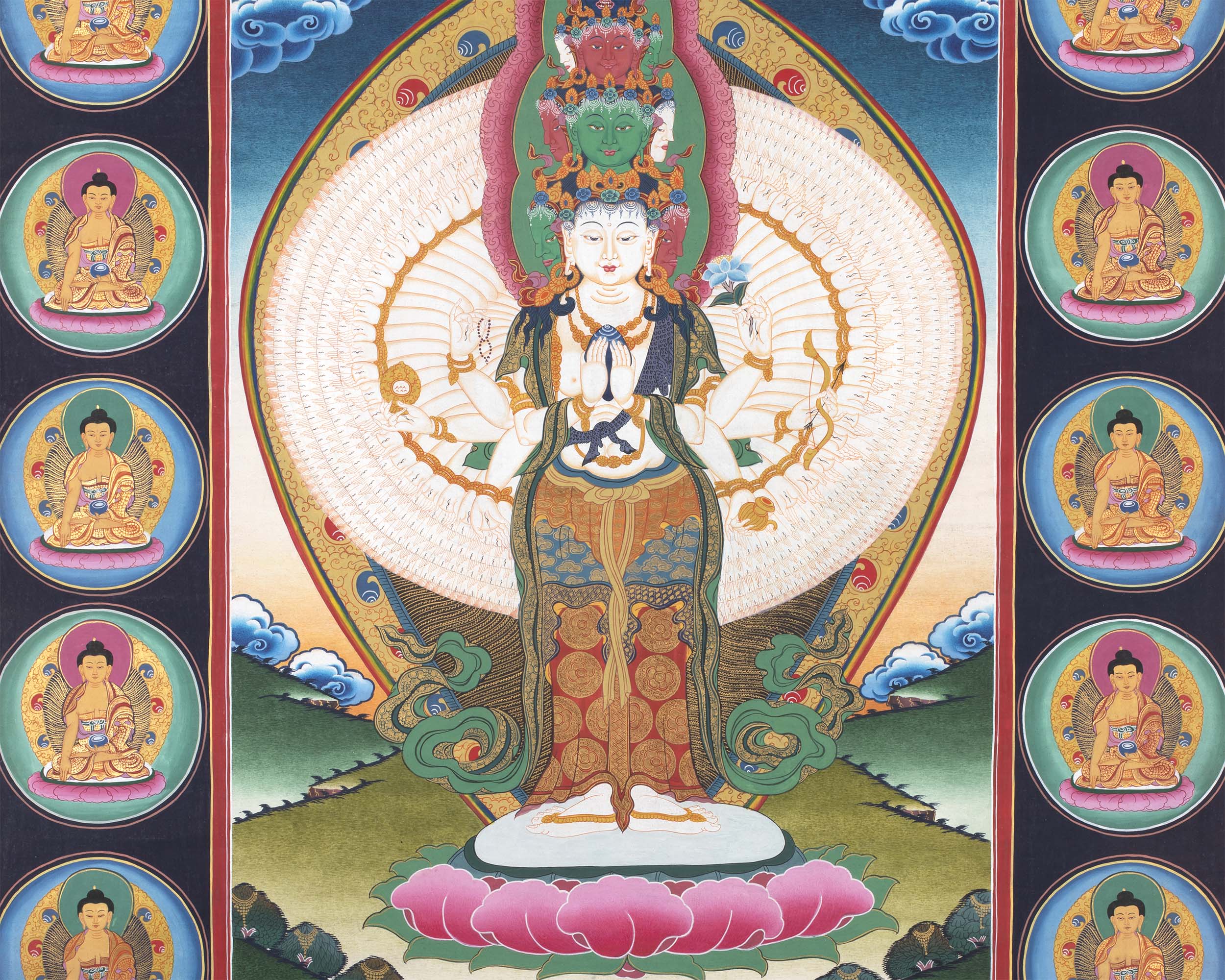 1000 Armed Chenrezig Thangka Print Surrounded by Celestial Deities | Traditional Buddhist Artwork