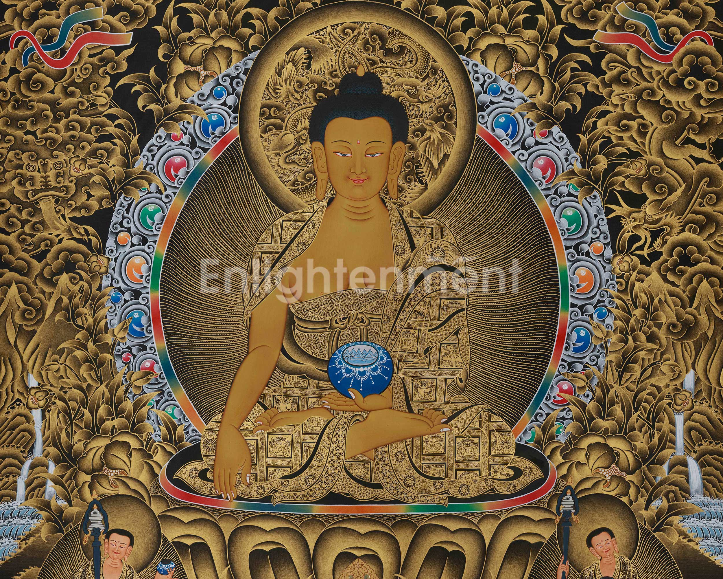 Gold Thangka of Shakyamuni Buddha | Five Dhyani Buddhas With Two Disciples