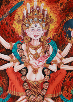 Wrathful Chamunda Thangka | The Fierce Goddess of Tantric Rites