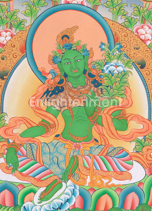 Handpainted Goddess Green Tara Thangka | Compassionate Deity