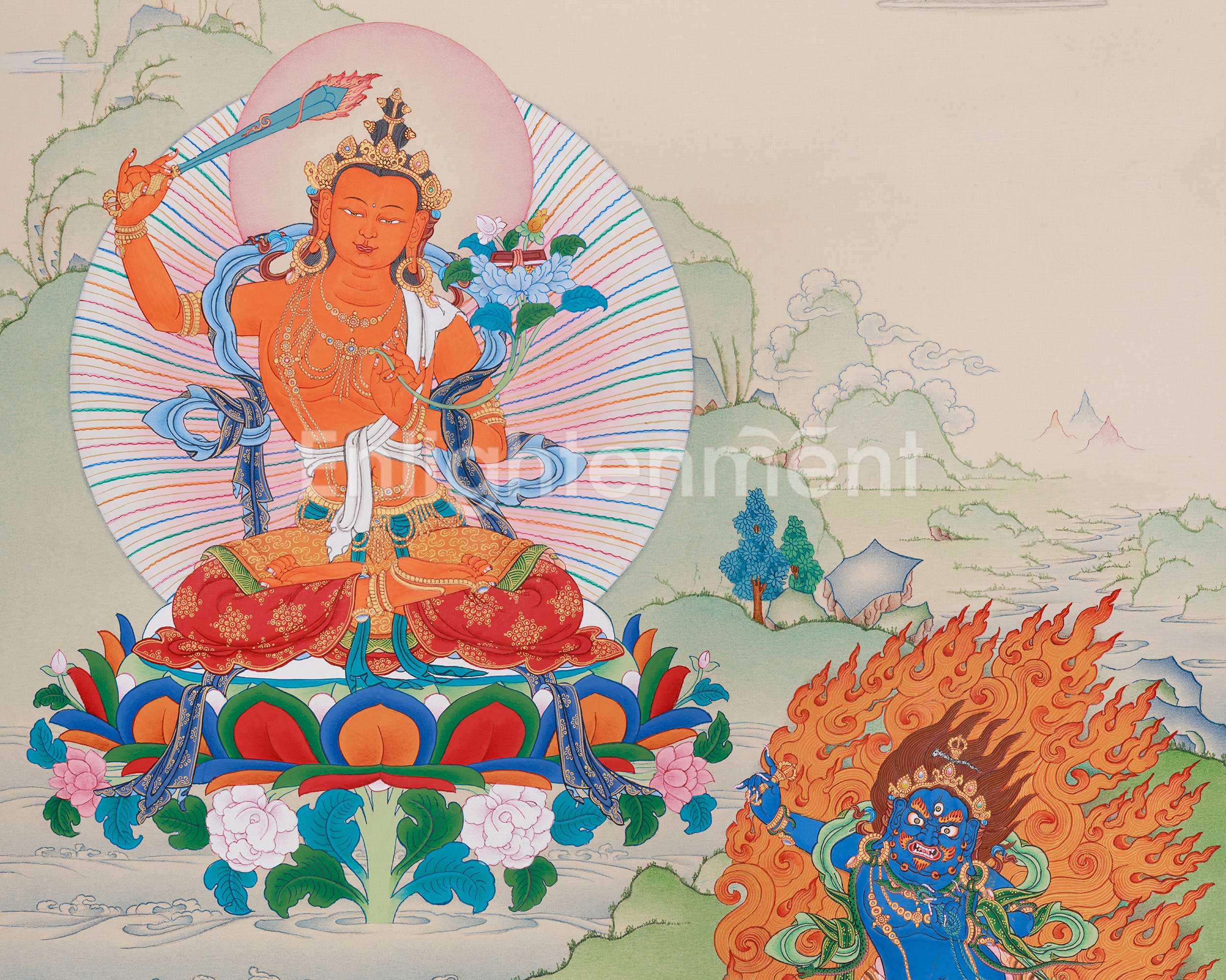 Trio Bodhisattva Thangka: Manjushri, Chenrezig, and Vajrapani | Tibetan Buddhism