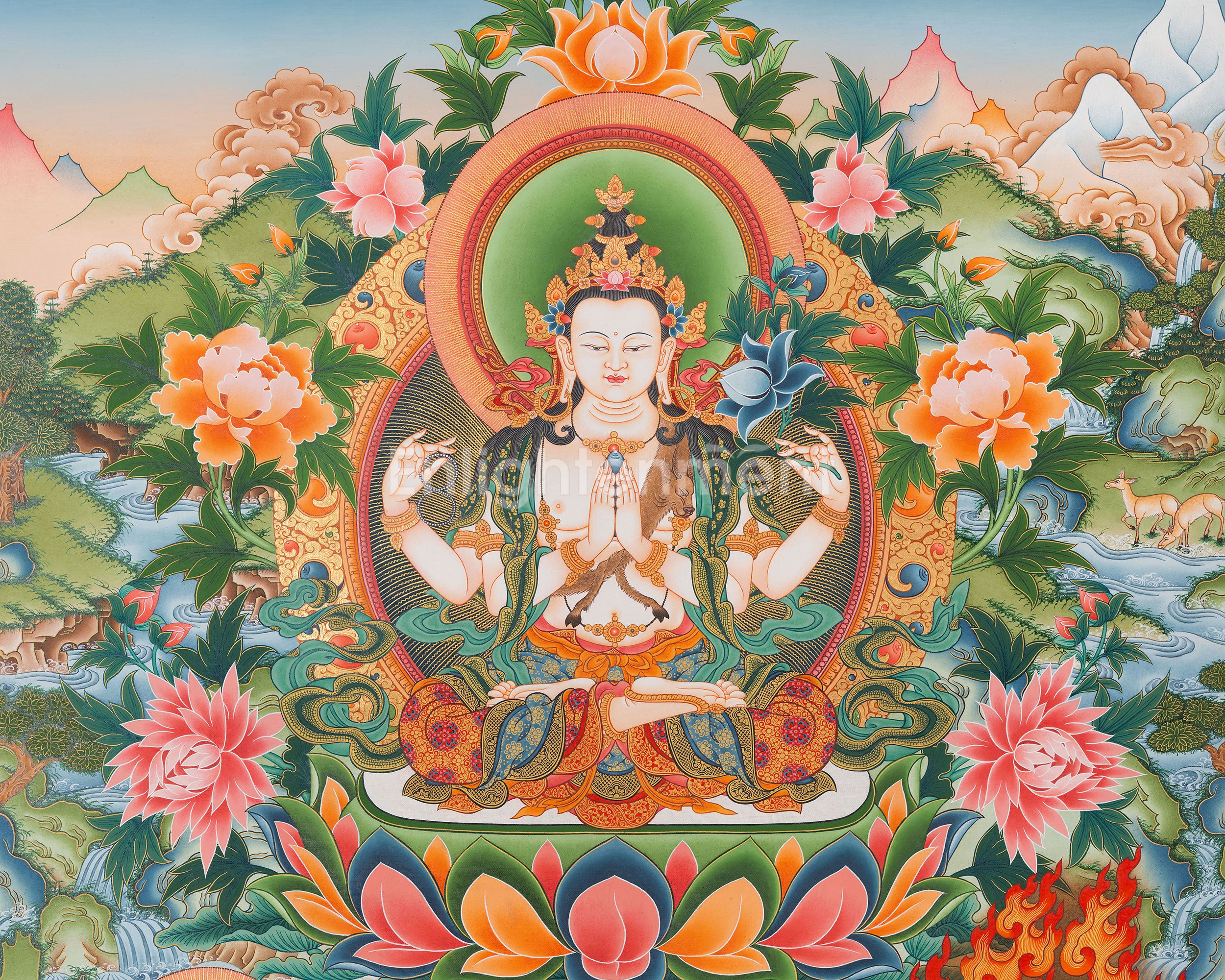 Divine Compassion in Eri Style: Avalokiteshvara Artwork with Amitabha Buddha, Manjushri and Vajrapani Figures