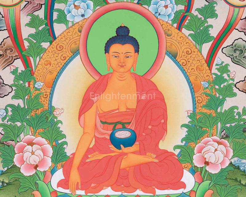 Buddha Shakyamuni Thangka | Featuring Two Disciples and Mantra | Tibetan Buddhist Arts