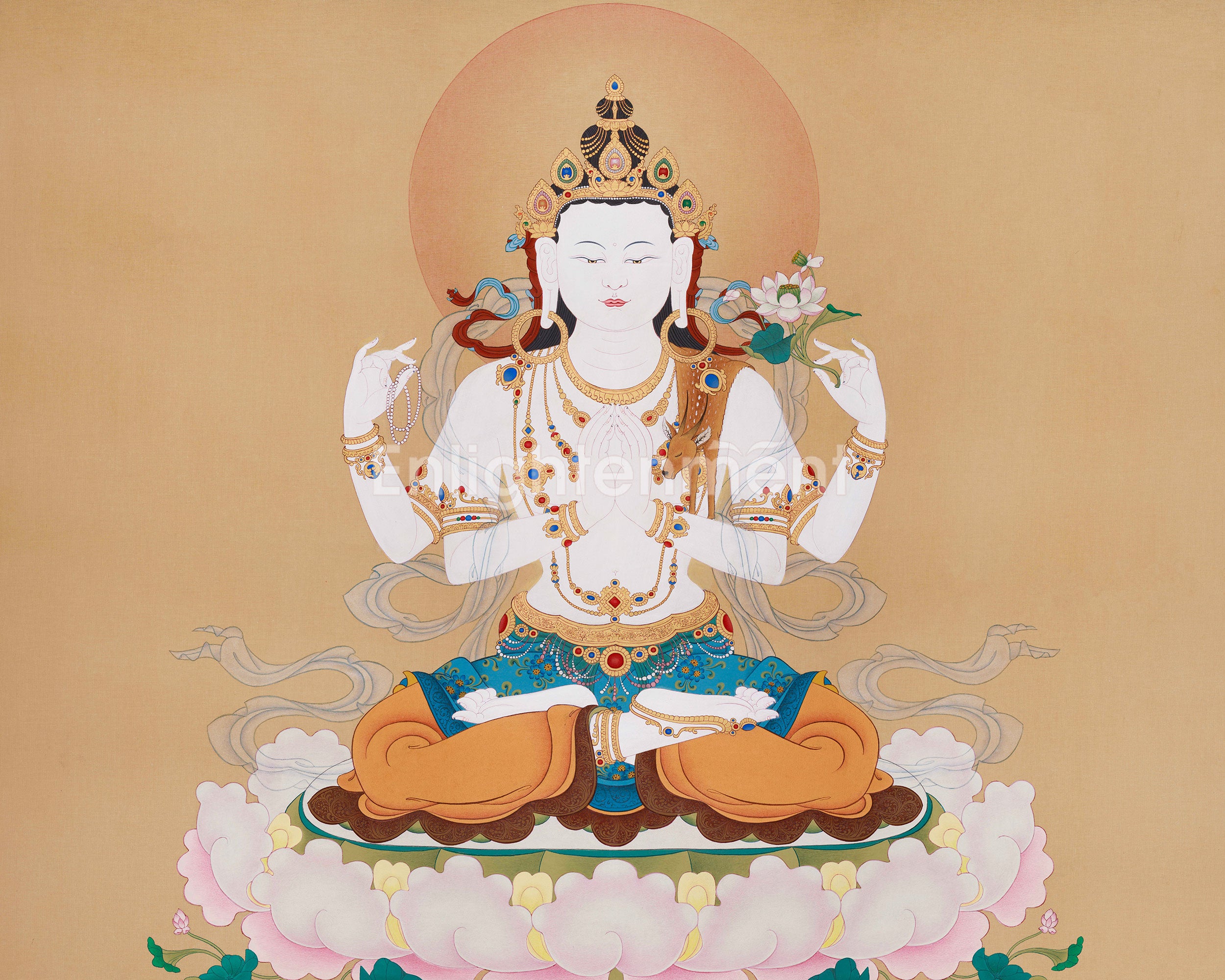 Majestic 4 Armed Chenrezig Buddha Thangka | Symbol of Boundless Compassion and Grace