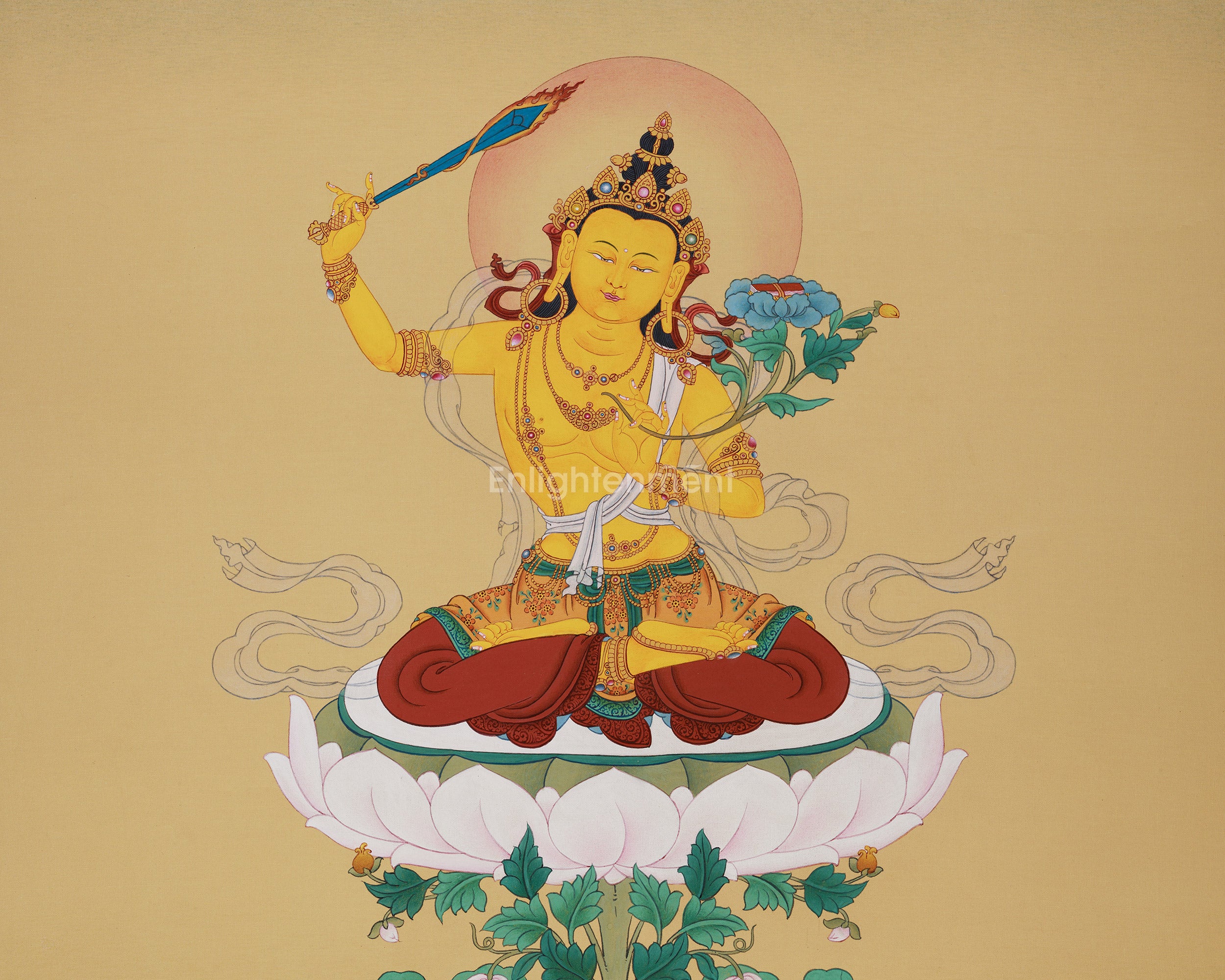 Zen-Inspired Manjushri Thangka: Masterpiece in Lhasa Stone Colors