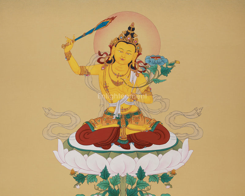 Zen-Inspired Manjushri Thangka: Masterpiece in Lhasa Stone Colors