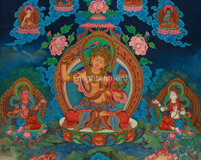 Exquisite Manjushri Painting | 5 Dhyani Buddhas and Bodhisattva | Tibetan Buddhist Wisdom Art