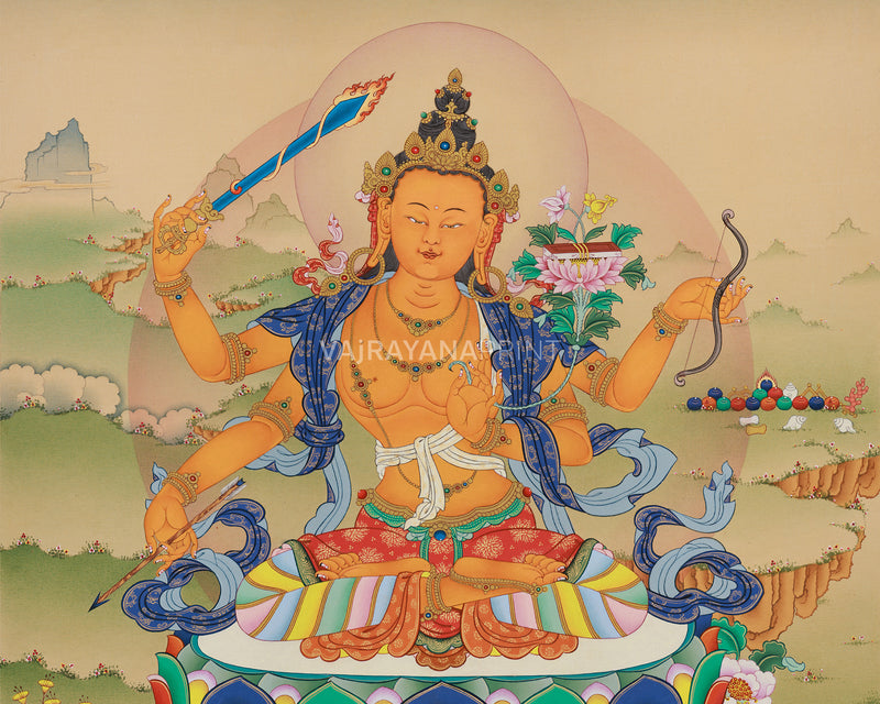 Rare Four-Armed Manjushri Thangka Print | Tibetan Buddhist Wisdom Deity | High-Quality Giclee Canvas