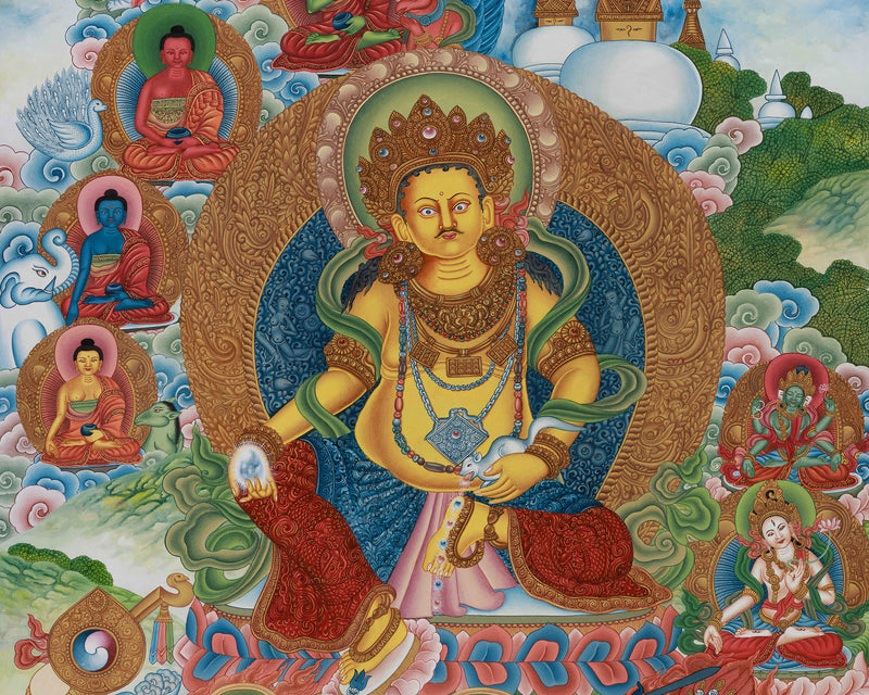 Yellow Dzambhala, The Wealth Deity Thangka | Prosperity Thangka With Five Dhyani Buddhas