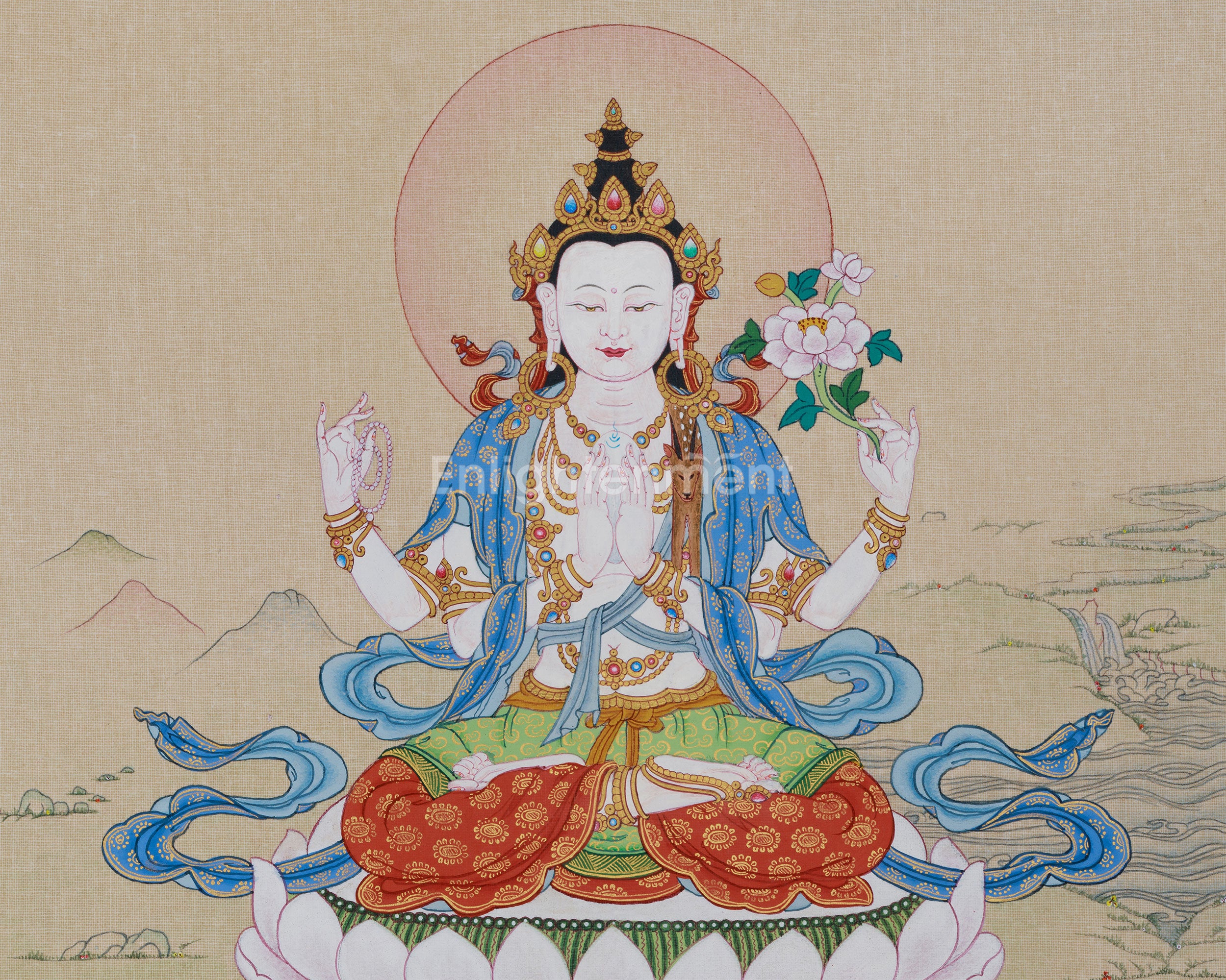 Tibetan Avalokiteshvara Thangka | 4-Armed Chenrezig, Bodhisattva of Compassion and Wisdom
