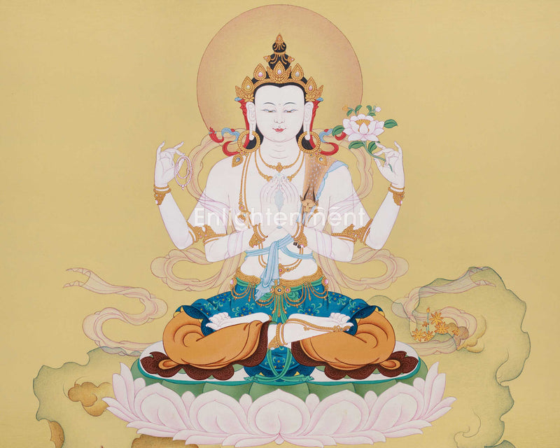 Four-Armed Chenresig Thangka | Bodhisattva Of Compassion | Religious Enlightenment Art