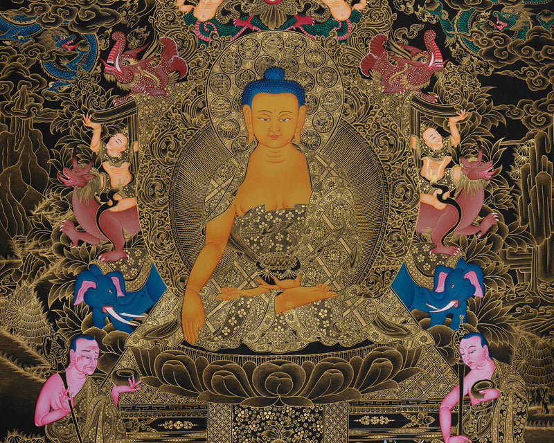 Imperial Presence Enlightened Teacher Shakyamuni Buddha | Opulent Gold Thangka of Buddha on Throne