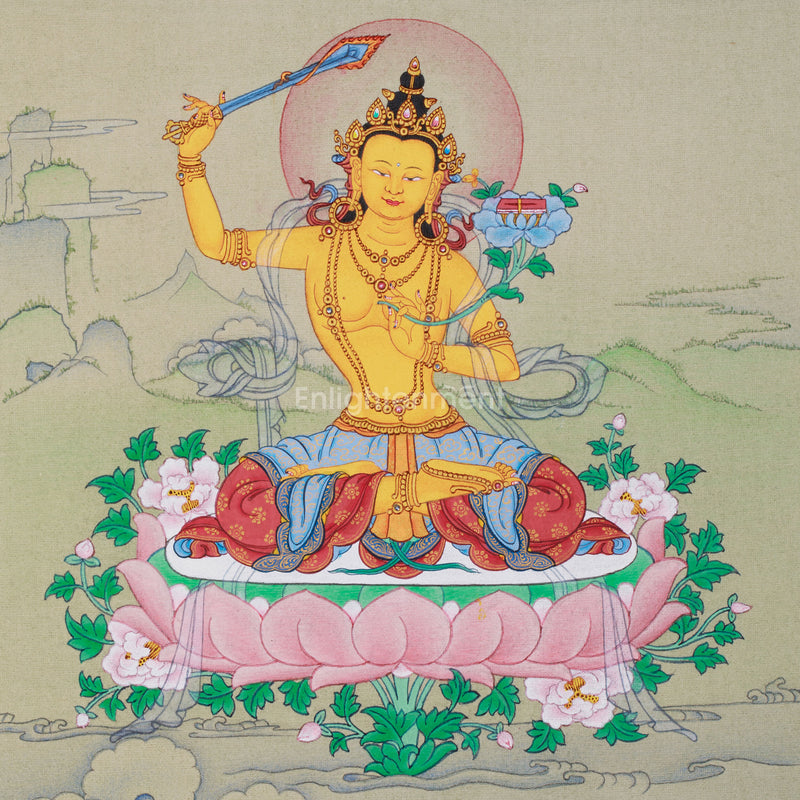 Manjushri: Detailed Small Thangka with Lhasa Stone Colors