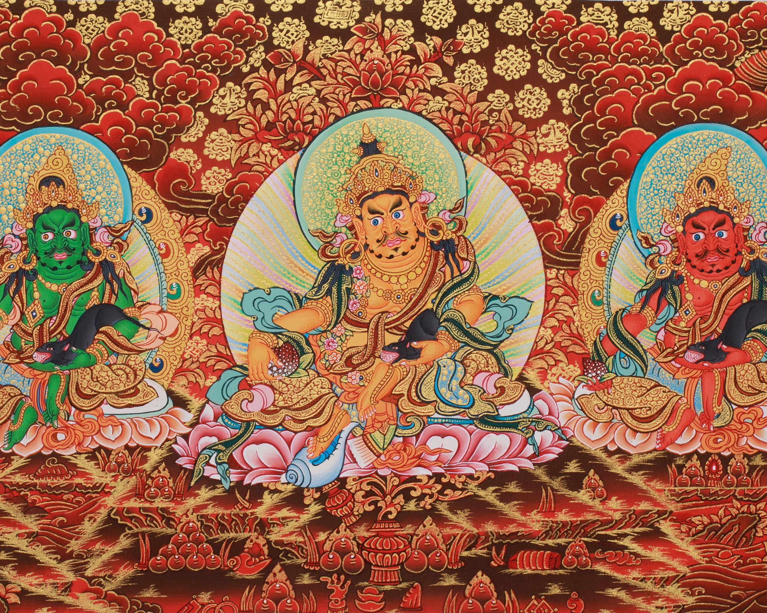 Buddhist Wealth Deities Manifestation | Gold Thangka of the Five Dzambhalas