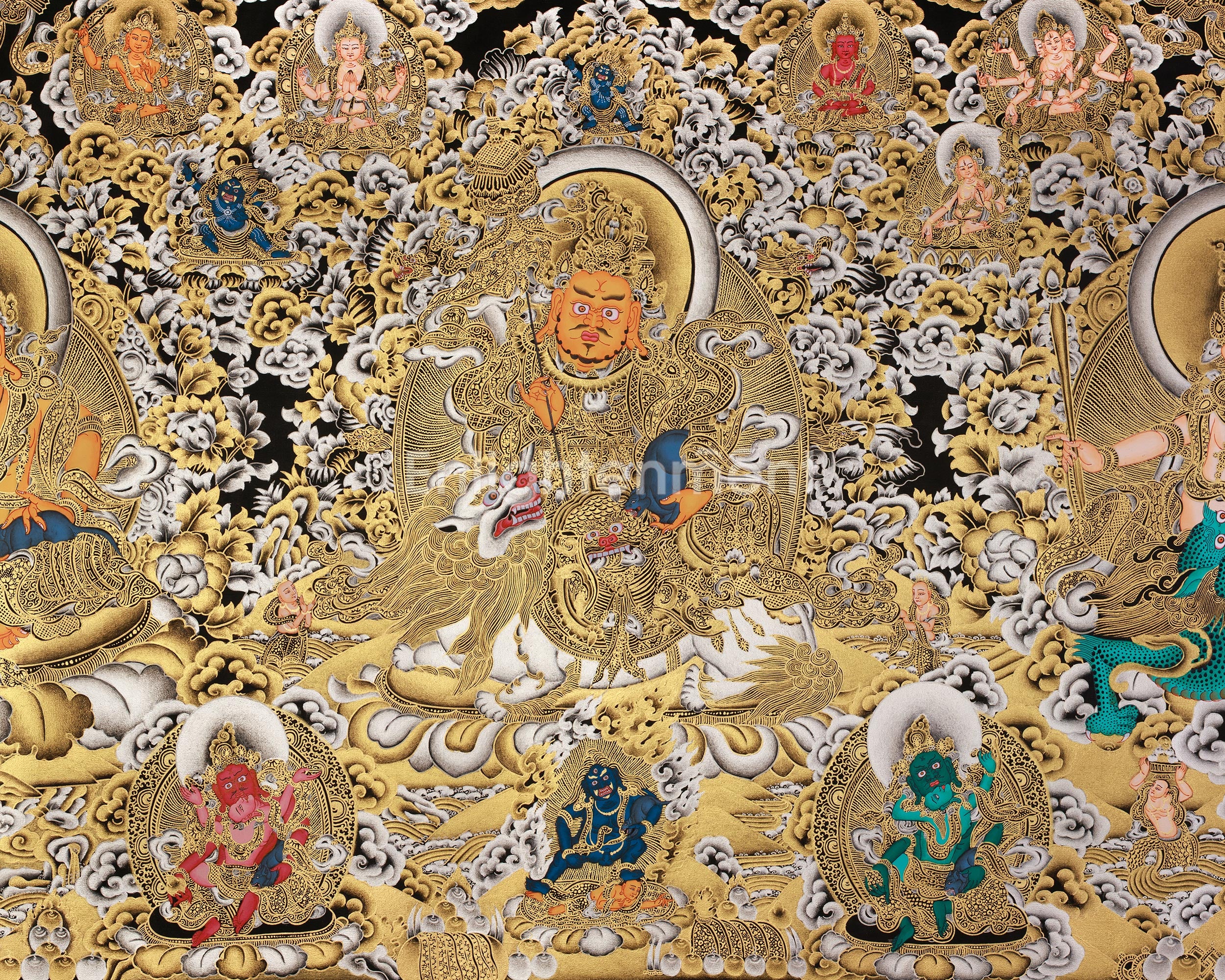 Rare Five Dzambhalas Thangka Masterpiece | Pure Silver & Gold Splendor