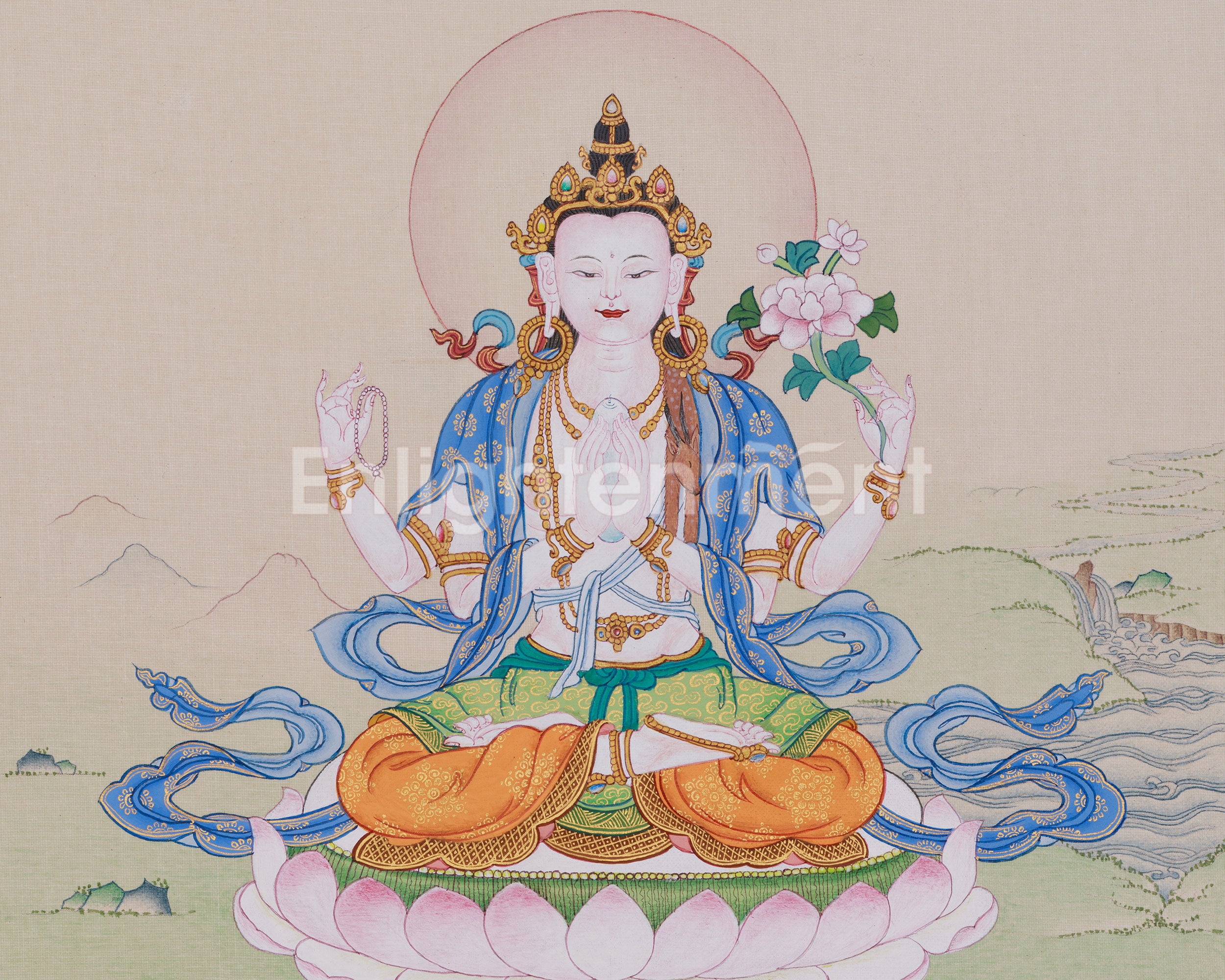 Compact 4-Armed Chenrezig Buddha Thangka, "Om Mani Padme Hum"