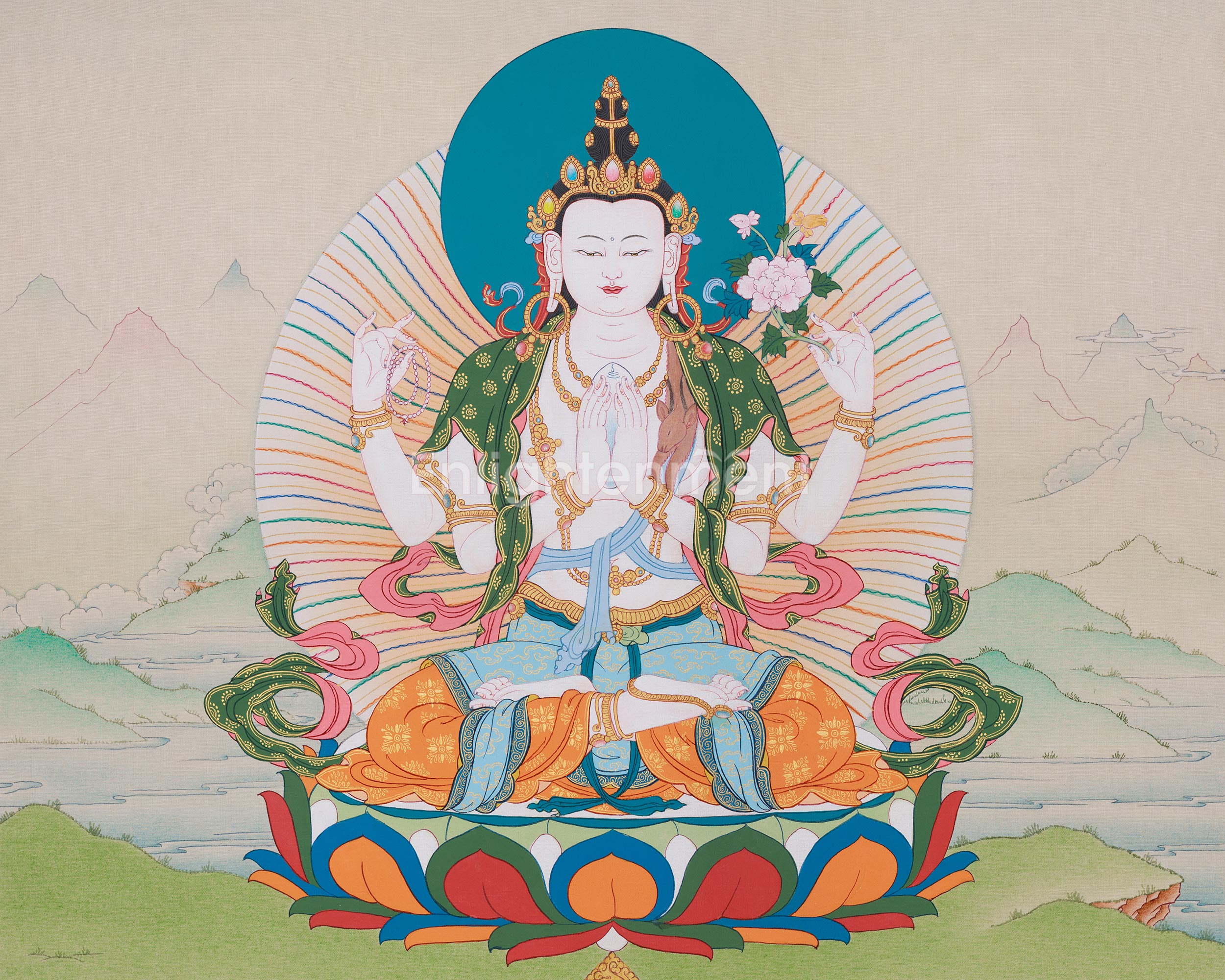 Hand-painted Thangka of Chenrezig | Bodhisattva of Infinite Compassion