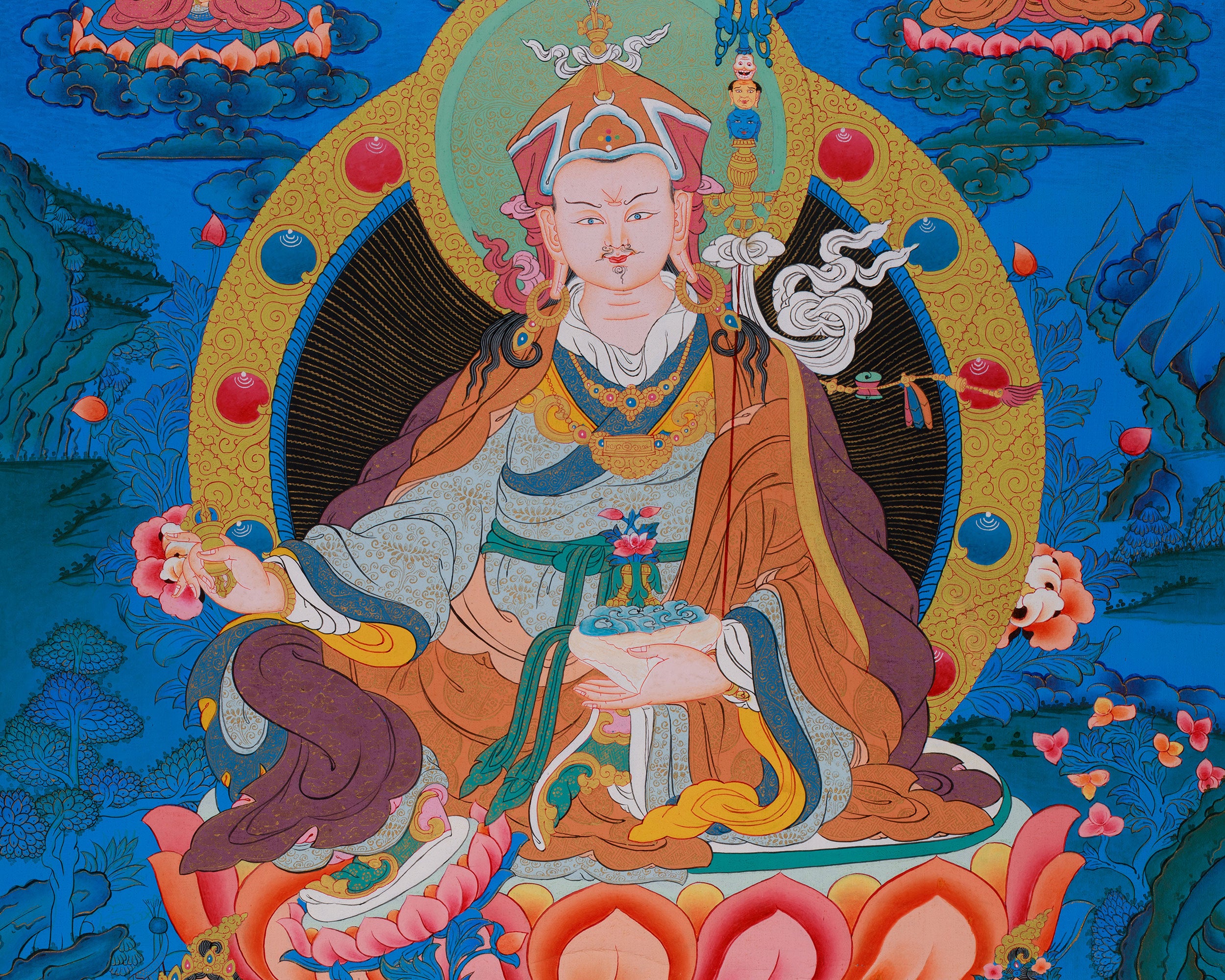 Guru Padmasambhava Artwork | Tibetan Thangka with Enlightened Beings and 24K Gold Detailing