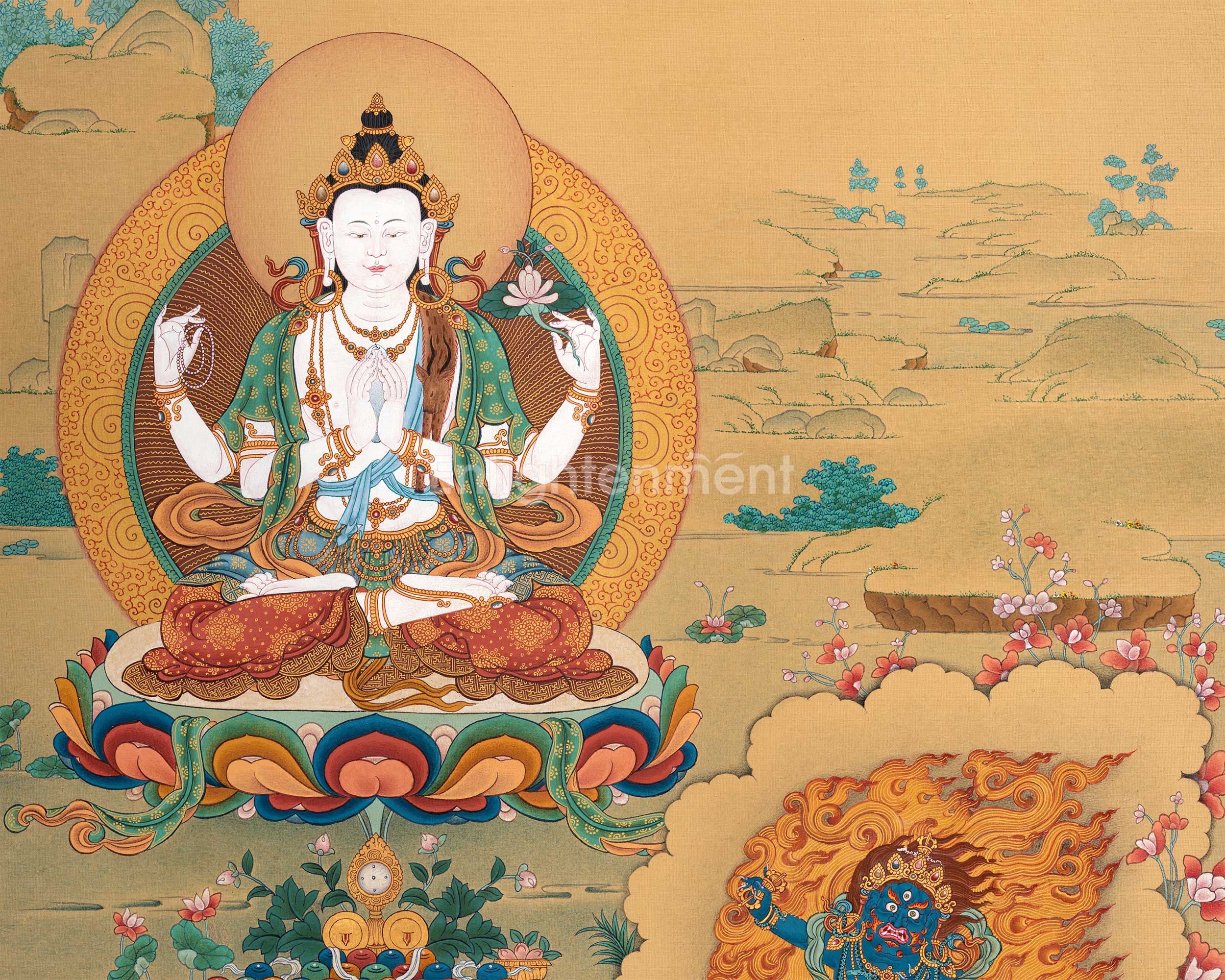 Trio Bodhisattvas Thangka | Avalokiteshvara, Manjushri, and Vajrapani