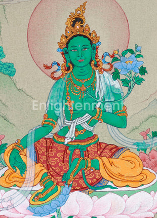 Divine Feminine Thangka - Hand-Painted Green Tara Tibetan Painting