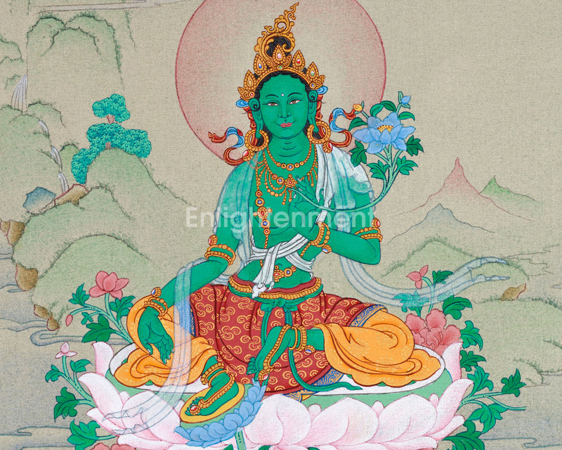 Divine Feminine Thangka - Hand-Painted Green Tara Tibetan Painting