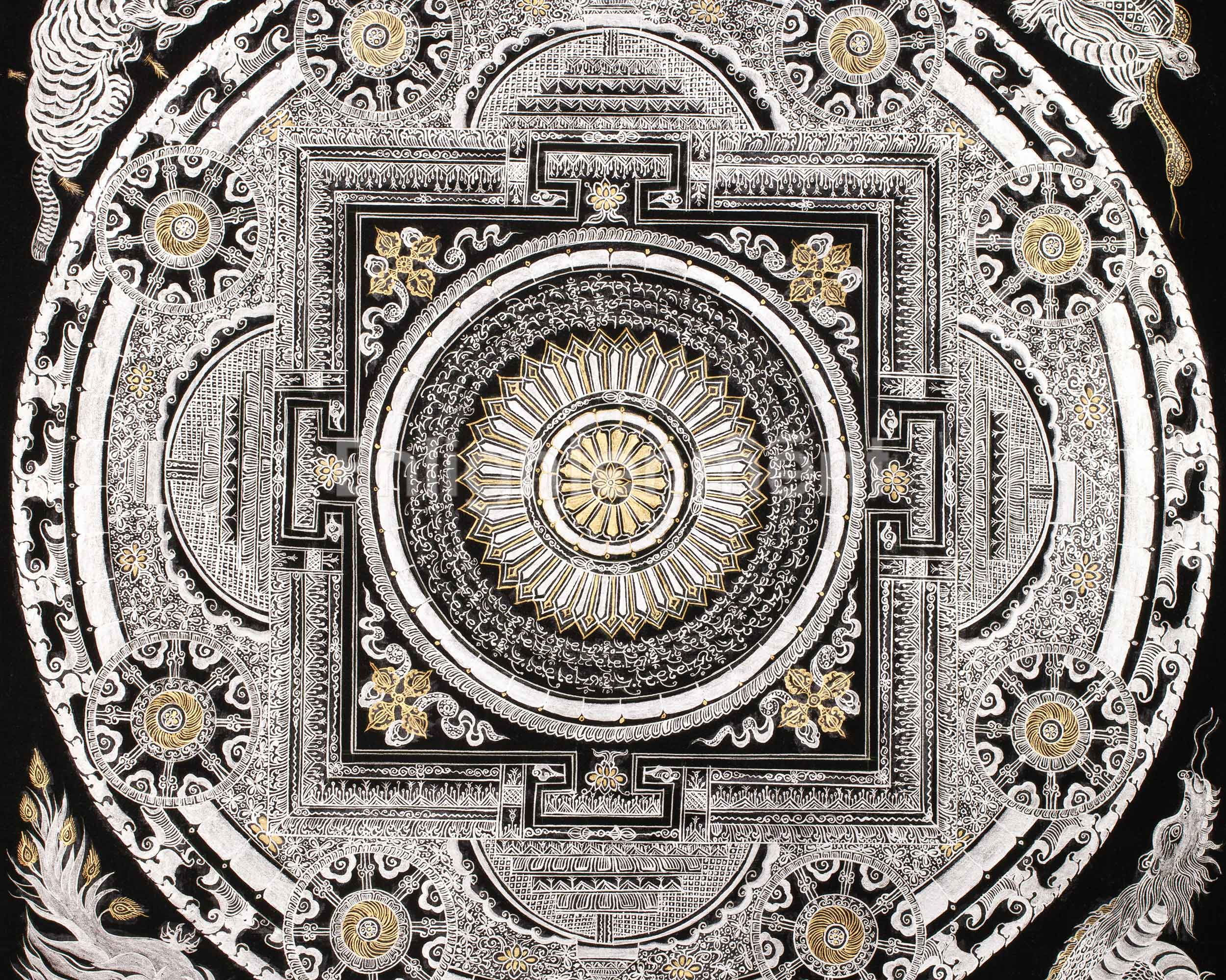 Silver with Gold Mantra Mandala | Four Mythical Creatures | Mandala Painting