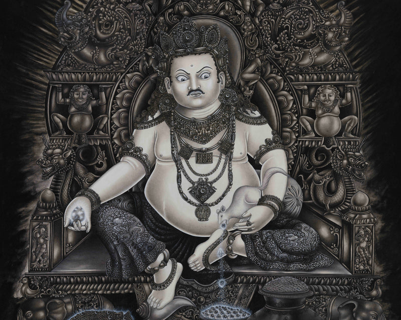 Majestic Kubera, God of Wealth | A Modern Charcoal Thangka Depiction