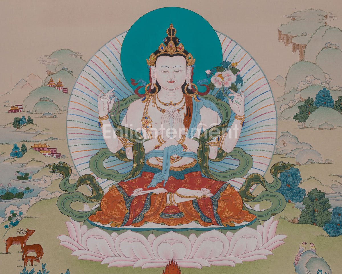 Chenrezig Sacred Thangka Art | Avalokiteshvara Art | Compassion Buddha