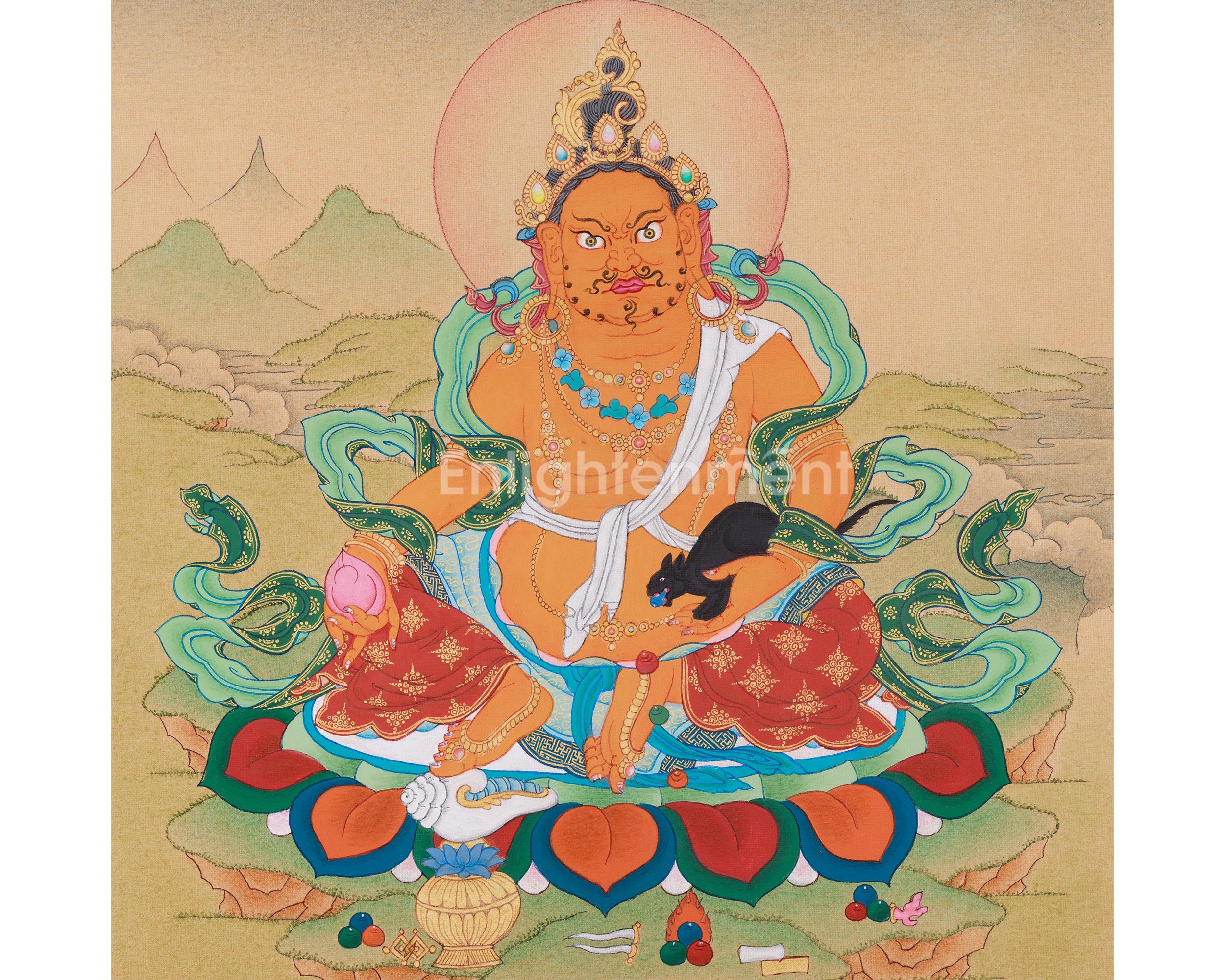 Kuber, Buddhist Wealth Deity | Yellow Dzambhala Thangka for Prosperity