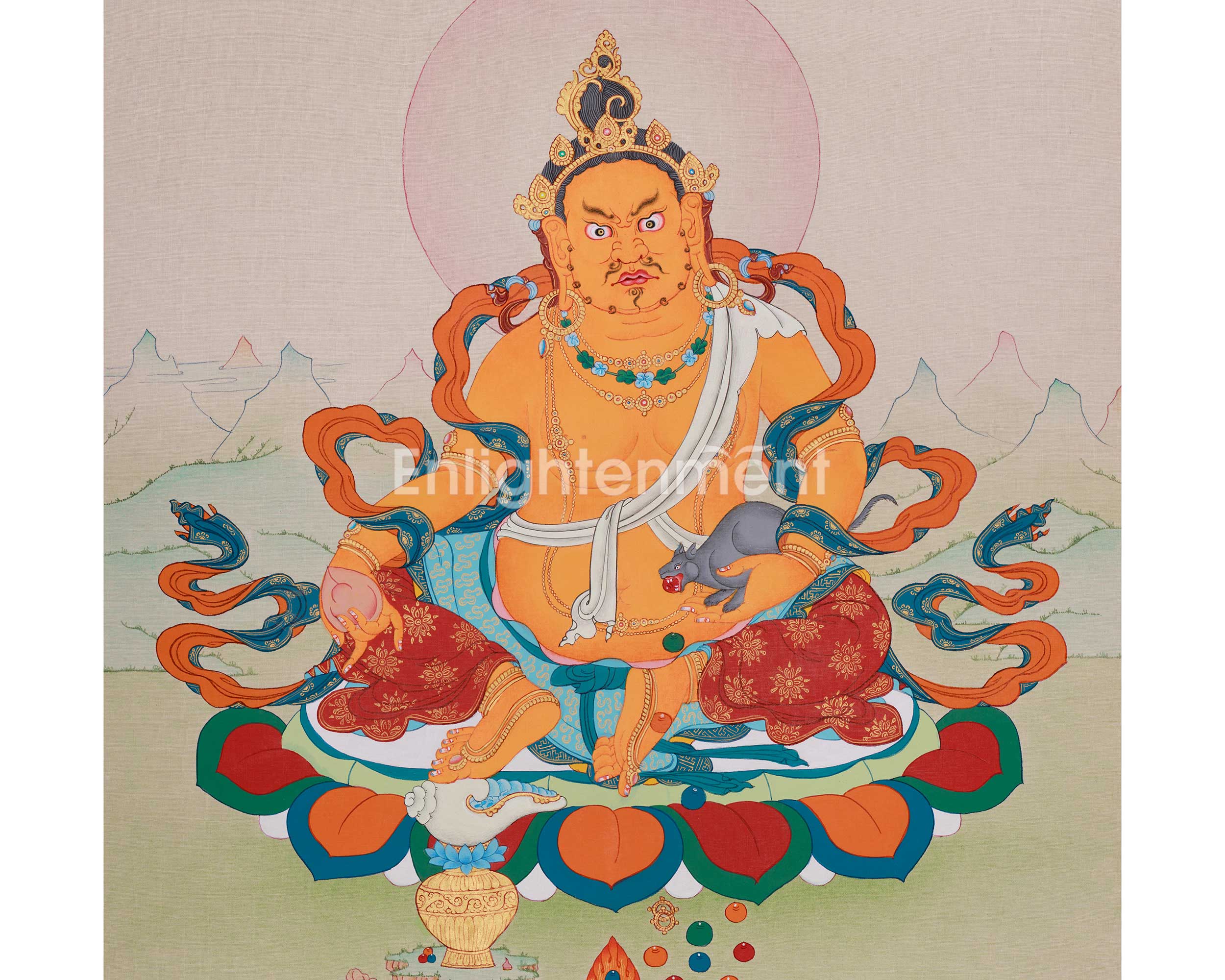 Handmade Dzambhala Thangka | Wealth Deity with Jewel Mongoose and Citron Fruit