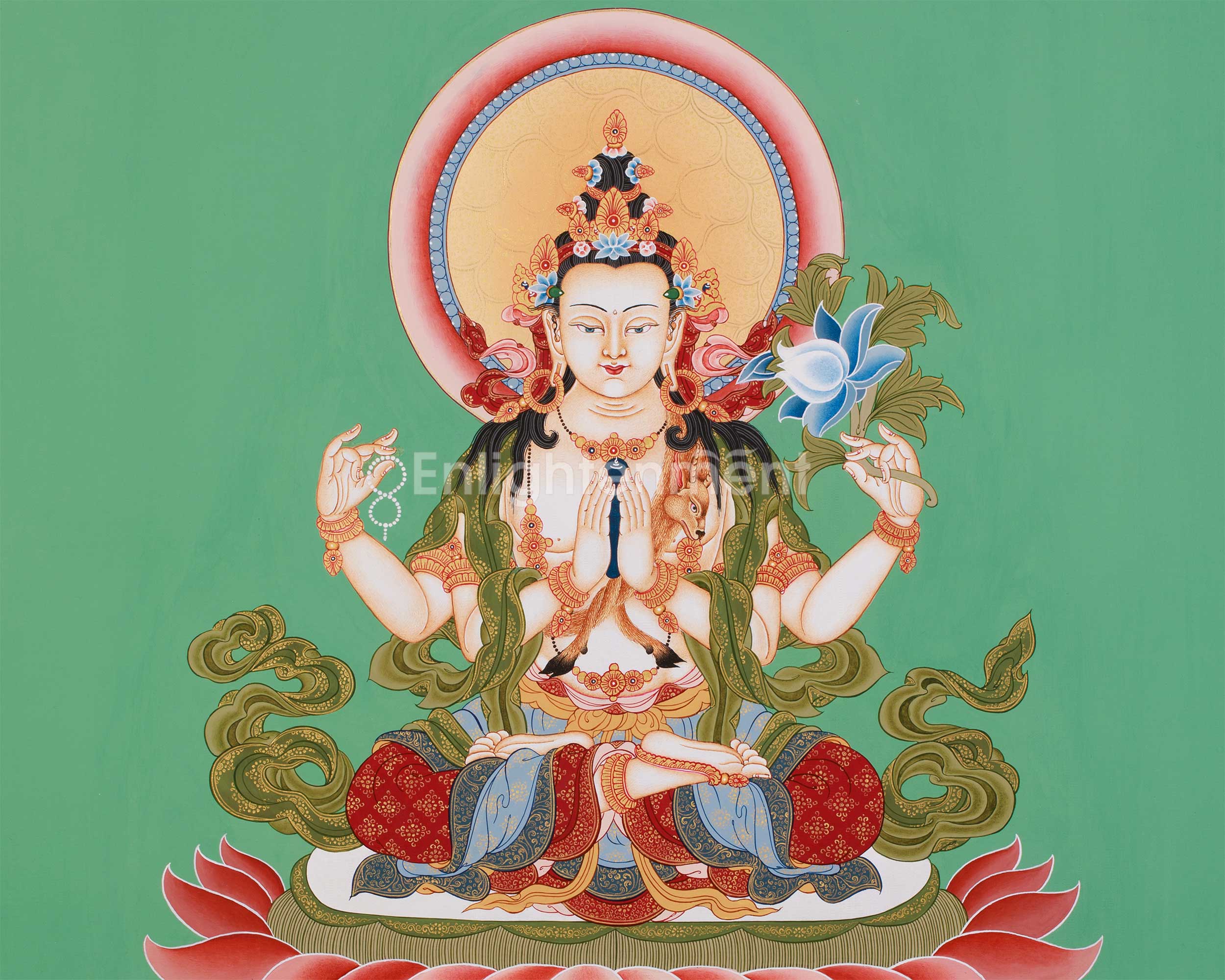 Hand-Painted Four-Armed Chenrezig | Bodhisattva of Compassion on Green Canvas