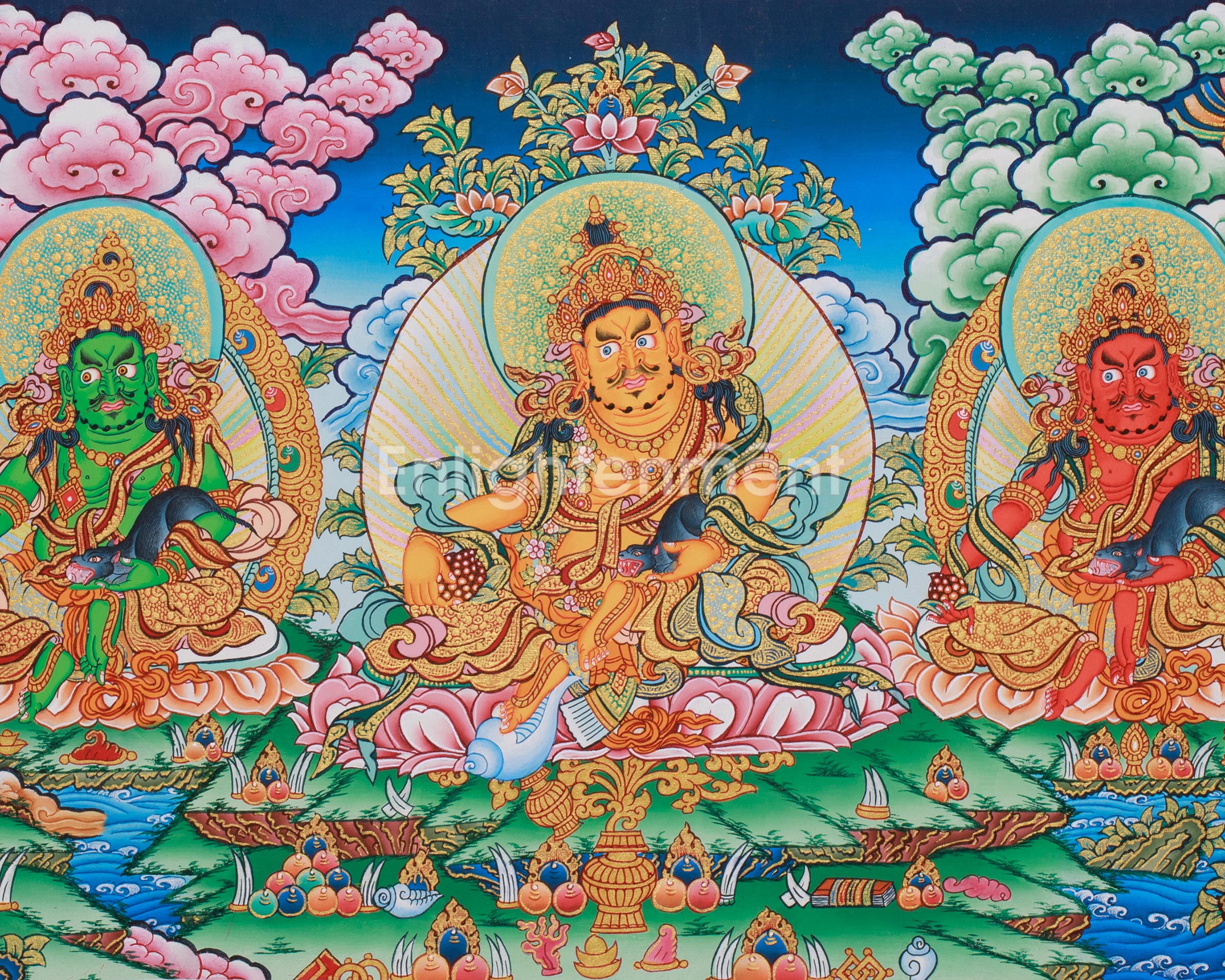 Tibetan Five Jambhalas Thangka | Buddhist Guardians of Wealth & Abundance