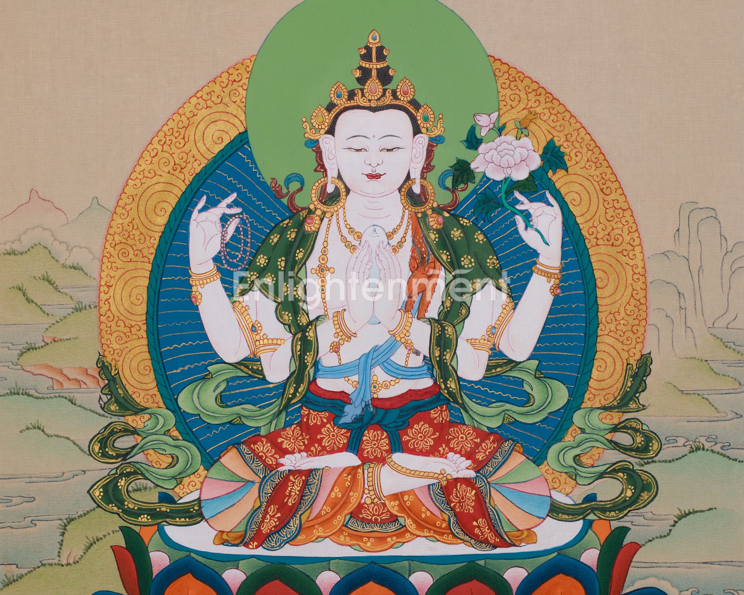 Sacred Four-Arms Avalokiteshvara Artwork | Bodhisattva of Compassion and Protection