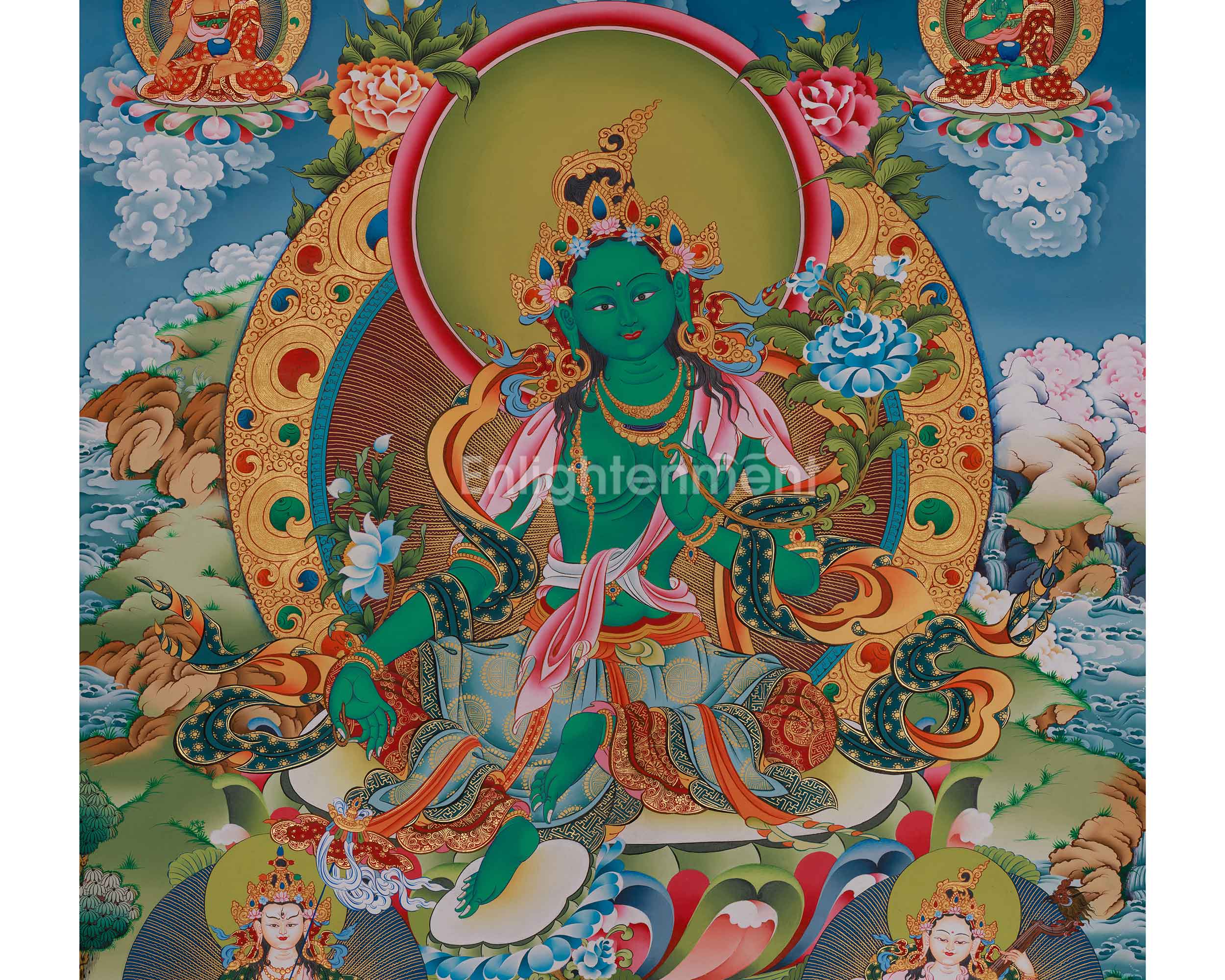 Green Tara Divine Thangka | Five Dhyani Buddhas, Saraswati, and Dukar