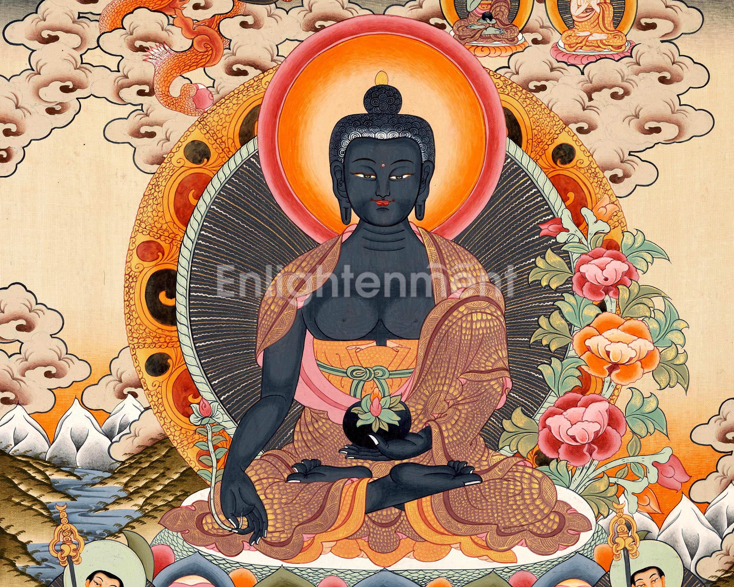 Medicine Buddha Originally Hand-Painted On Cotton Canvas | Shariputra and Maudalyana By His Side