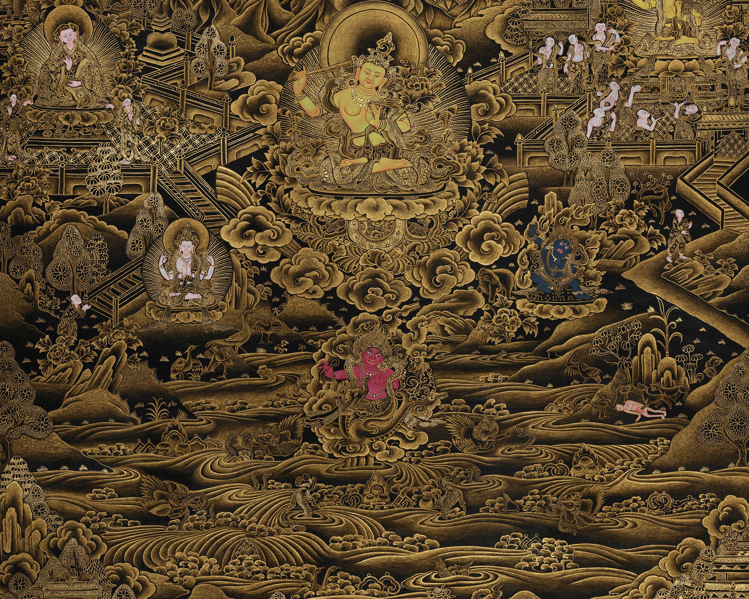 Traditional Vajrayana Buddhist Manjushri | Bodhisattva of Wisdom with 24K Gold