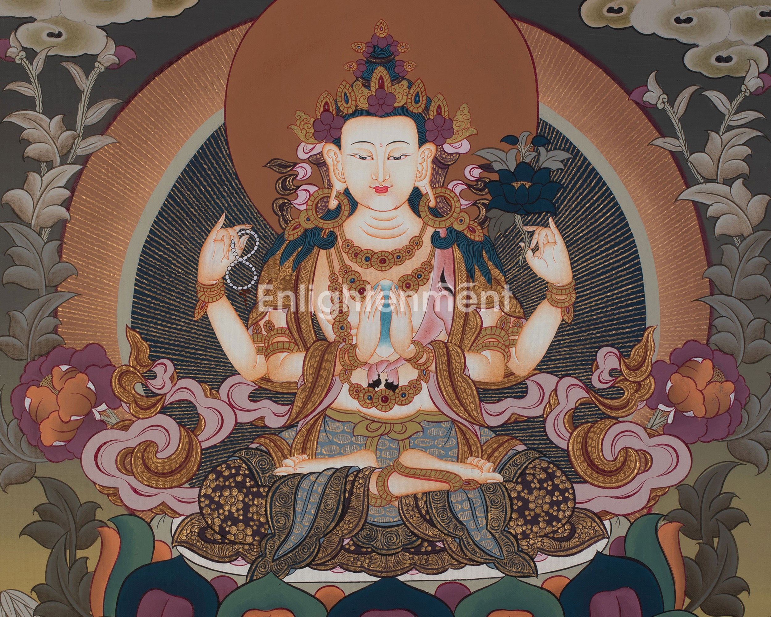 Four-Armed Compassionate Chenrezig Thangka | Hand-Painted Compassion Deity Art