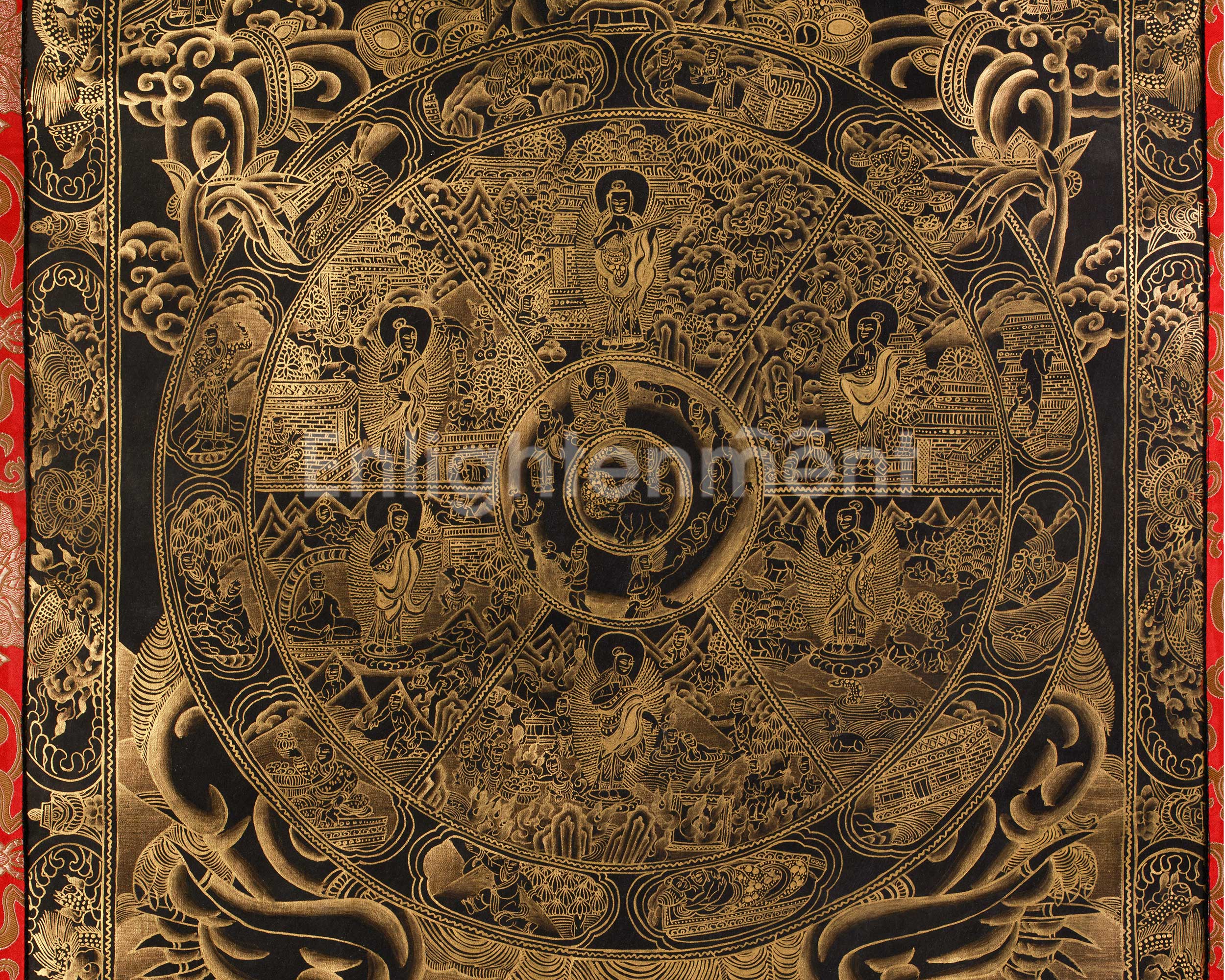 The Wheel of Life (Bhavacakra) Thangka | Fully Gold Embellished on Black Canvas, Brocade Mounted | Tibetan Masterpiece of Samsara