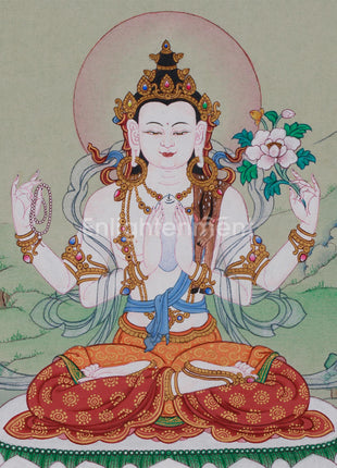 Hand-Painted Mini Chenrezig Thangka | Tibetan Buddha Art of Compassion and Protection
